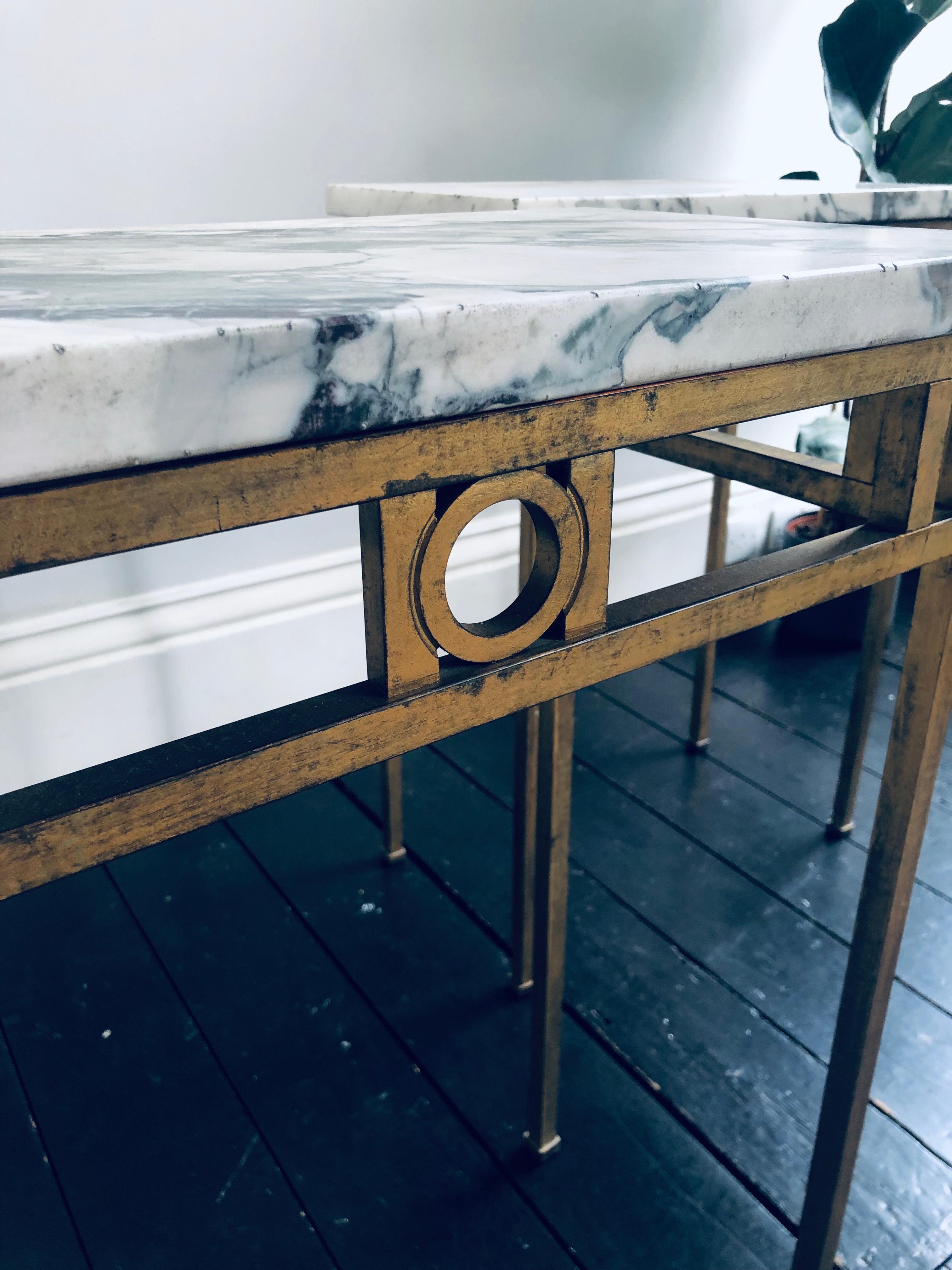 English Pair of Breche Violette Marble and Gilt Metal Console Tables For Sale