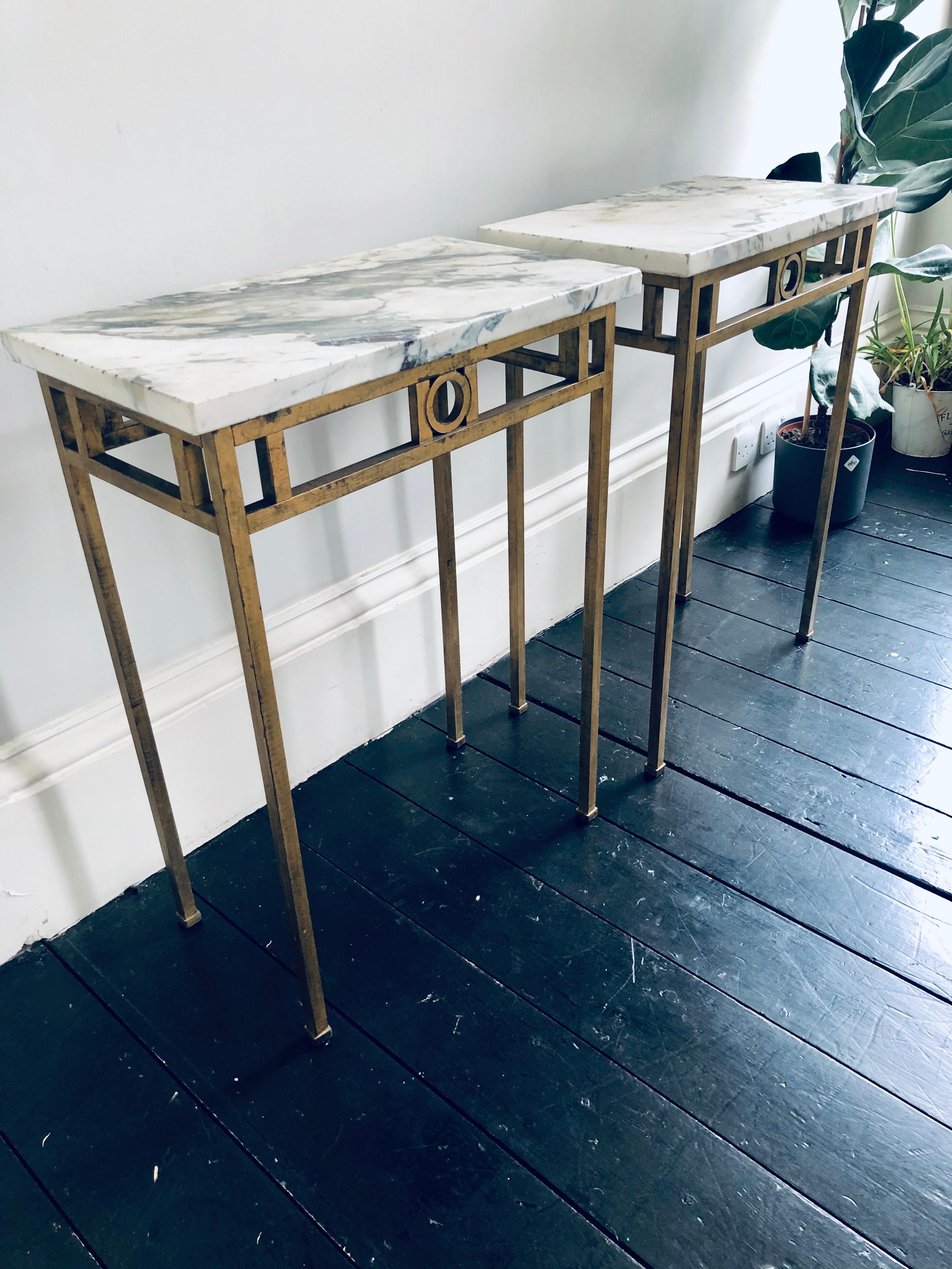Brass Pair of Breche Violette Marble and Gilt Metal Console Tables For Sale