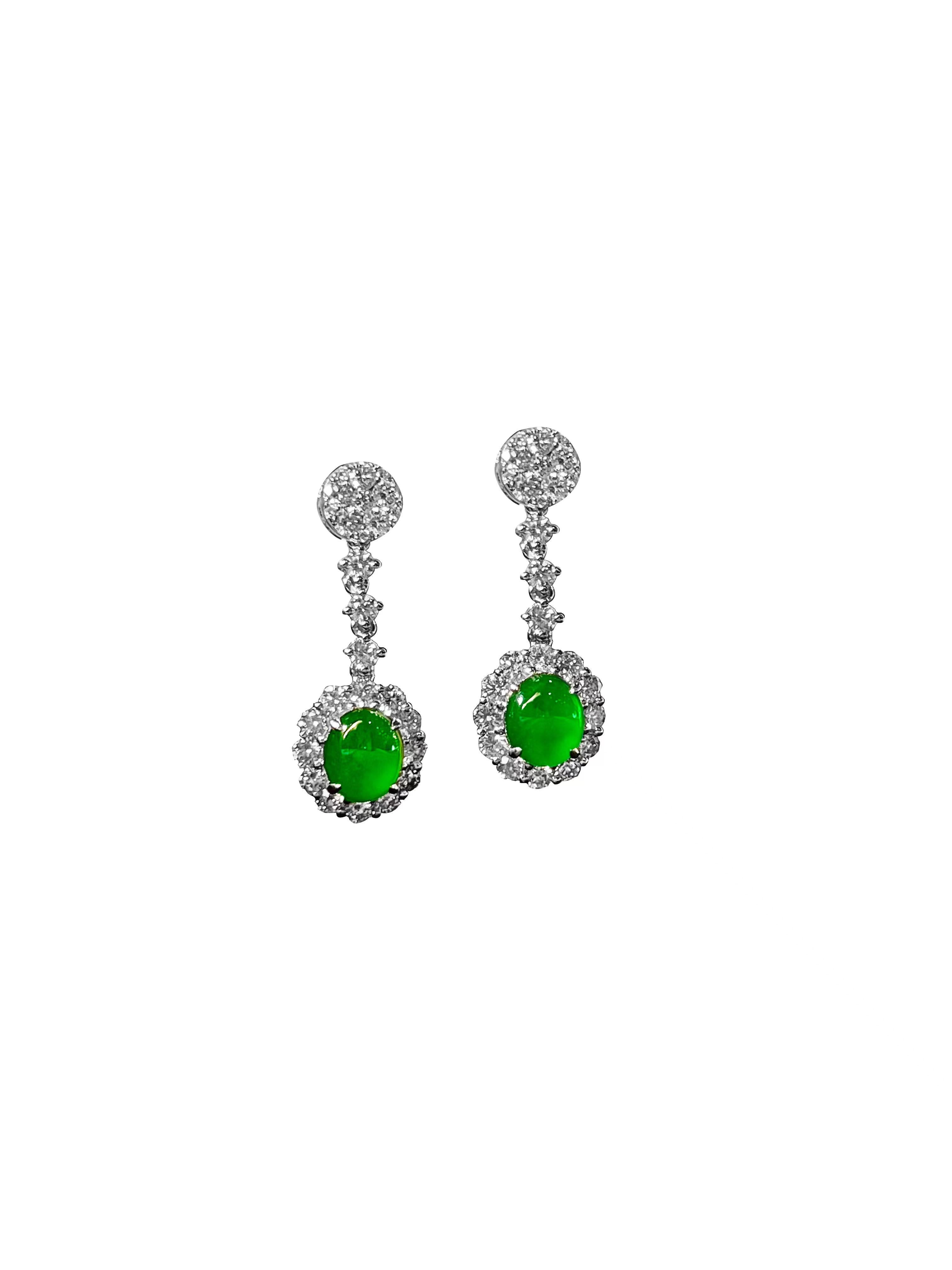 Women's A Pair of  Bright Green Jadeite Cabochon and Diamond Earrings in 18 Karat Gold For Sale