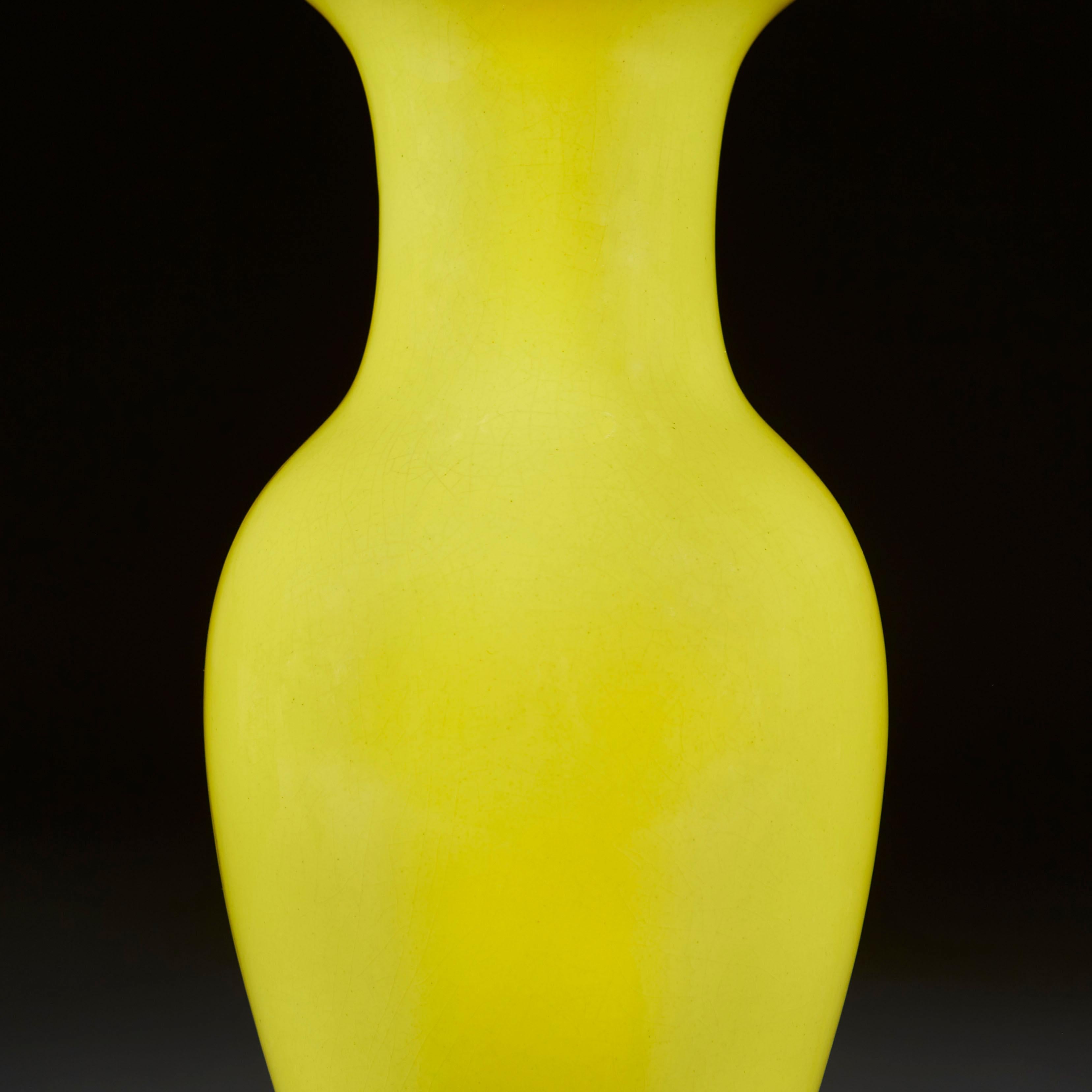 Chinese Pair of Bright Yellow Ceramic Vases as Table Lamps with Brass Bases