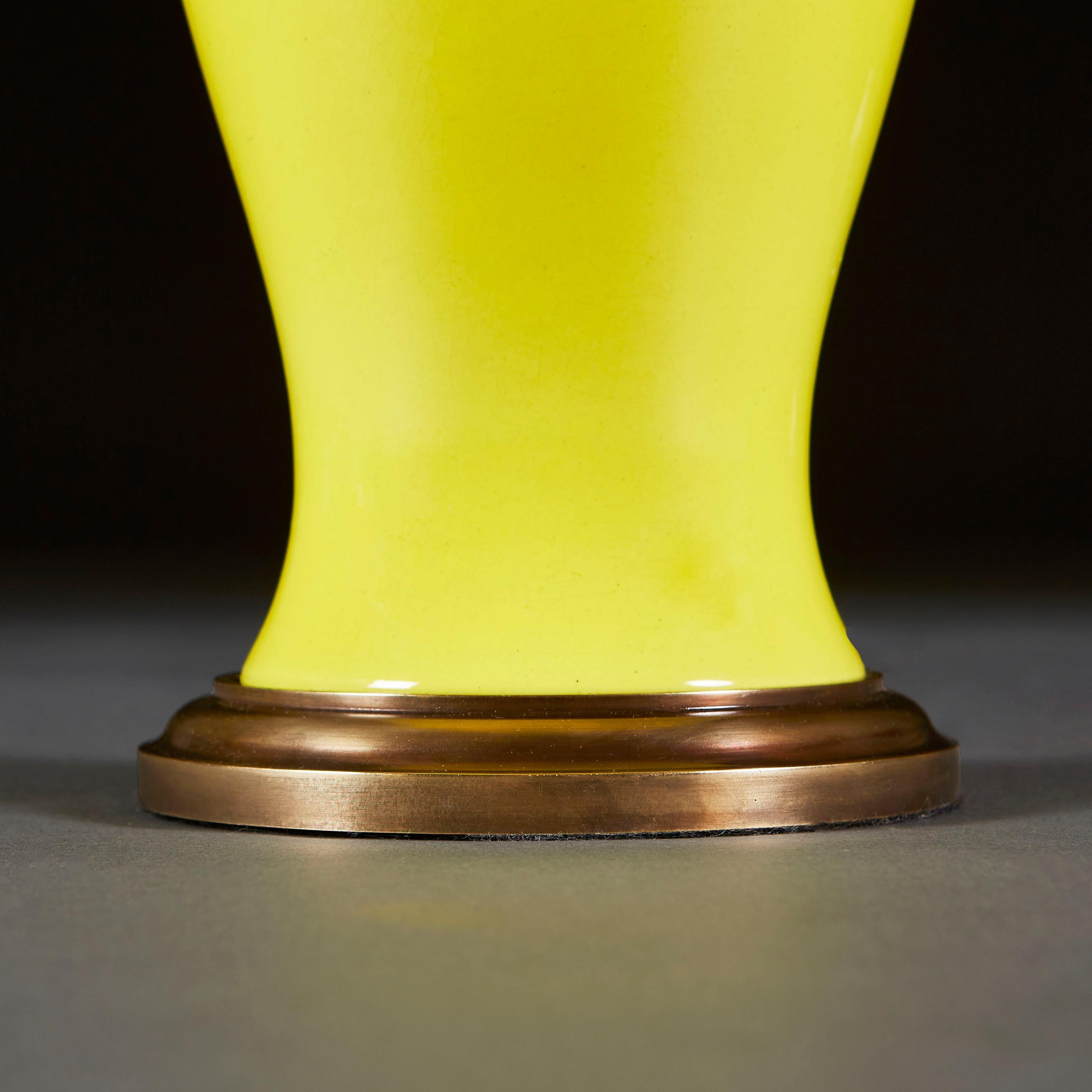 Glazed Pair of Bright Yellow Ceramic Vases as Table Lamps with Brass Bases