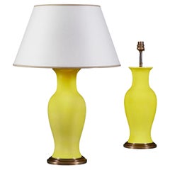 Pair of Bright Yellow Ceramic Vases as Table Lamps with Brass Bases
