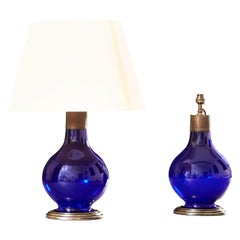 Pair of Bristol Blue Glass Vessels as Table Lamps, Mounted with Brass Bases