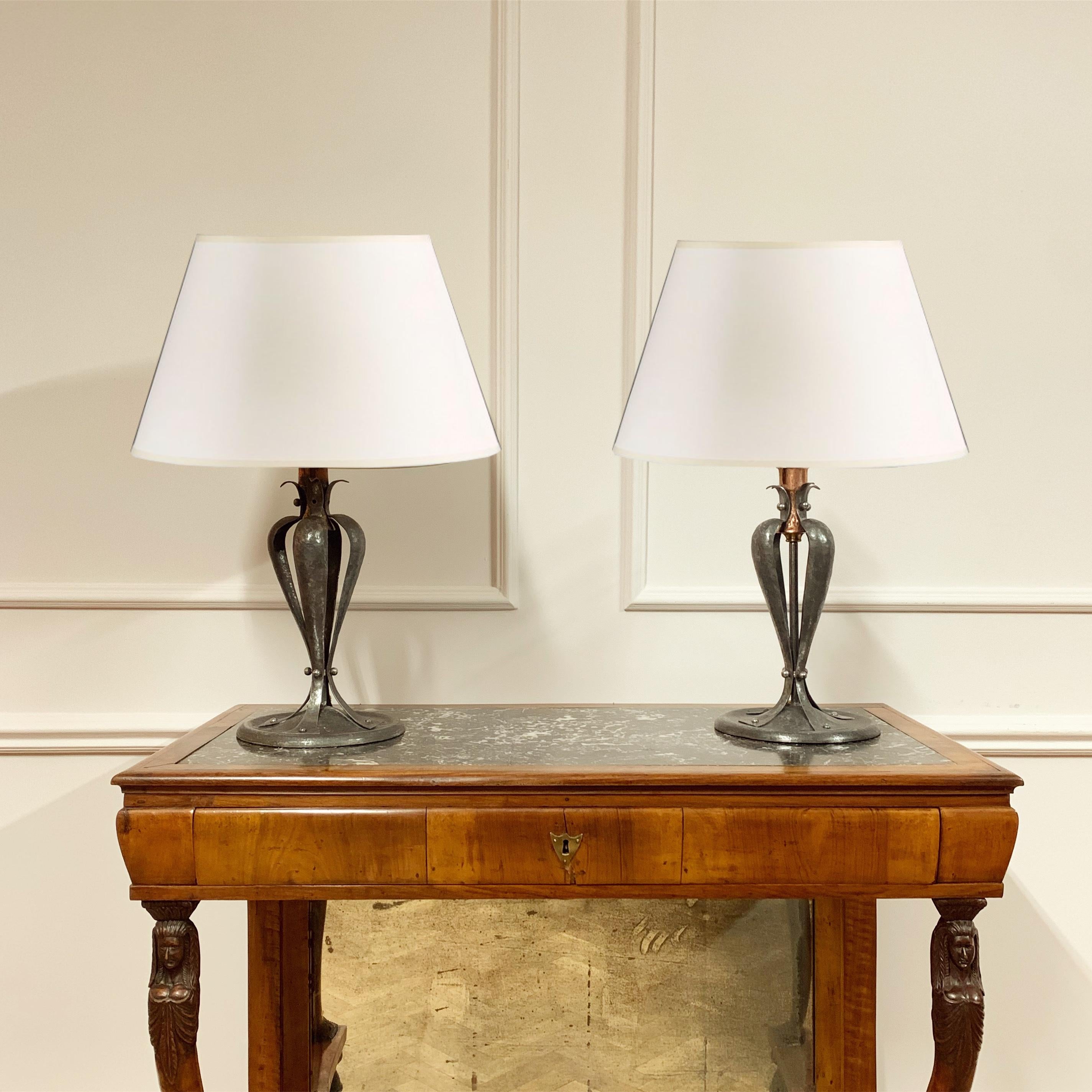 Arts and Crafts A Pair of British Designed Copper and Steel Table Lamps
