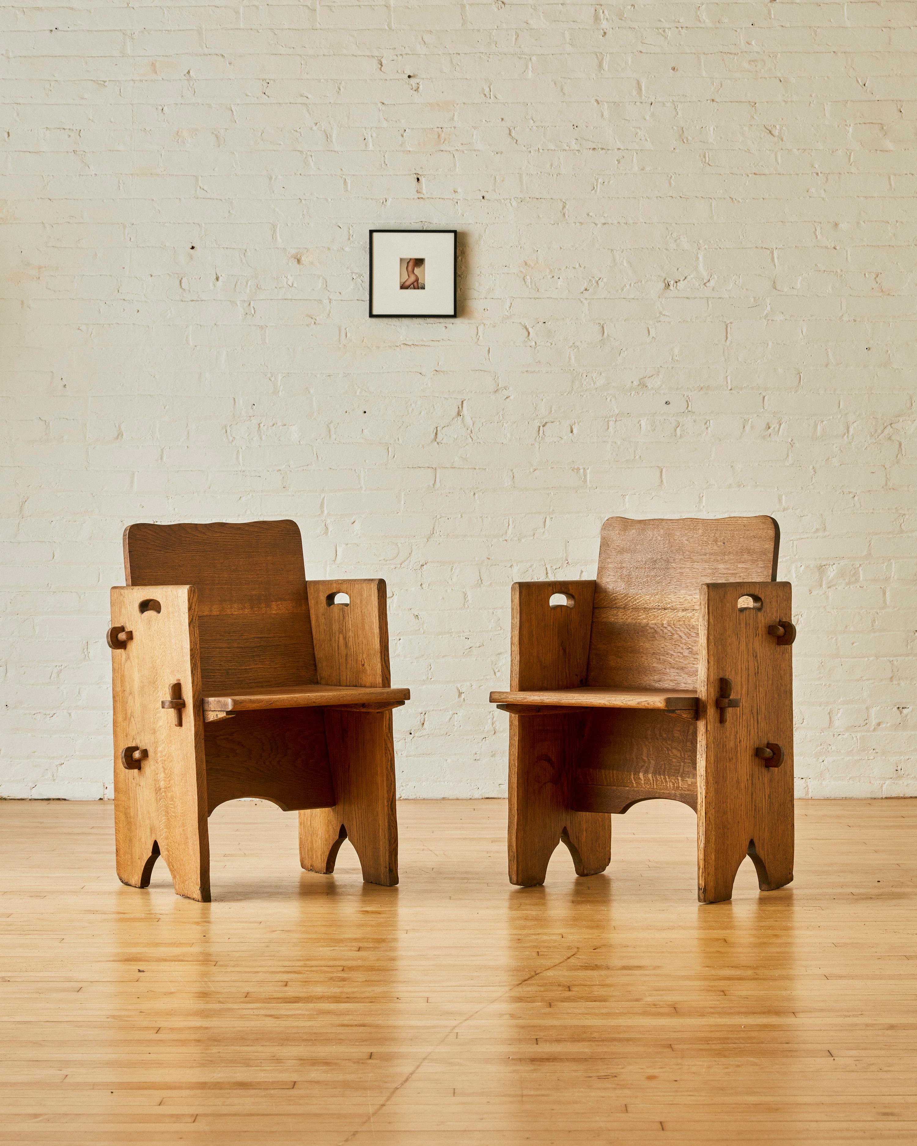 A Pair of British Scalloped Edge Oak Pegged Chairs. 

