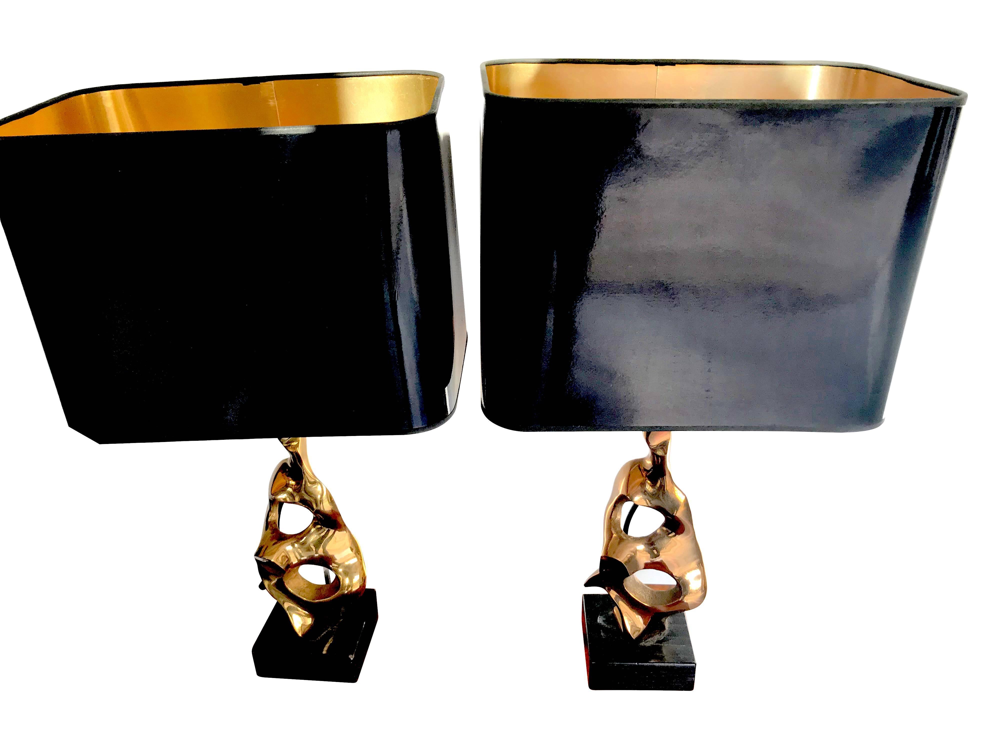 French Pair of Bronze Abstract, Sculptural Lamps by Michel Jaubert