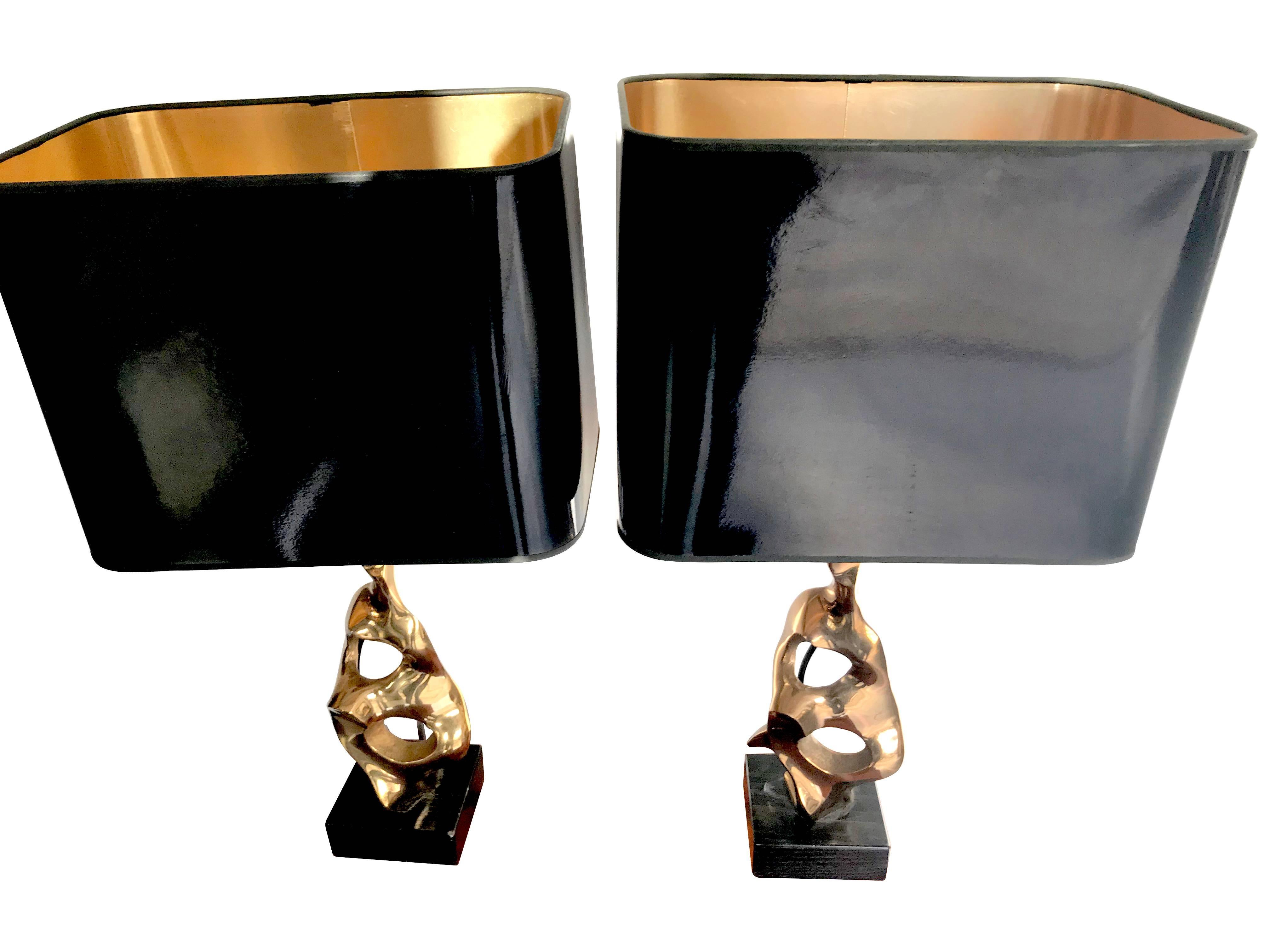 Ebonized Pair of Bronze Abstract, Sculptural Lamps by Michel Jaubert