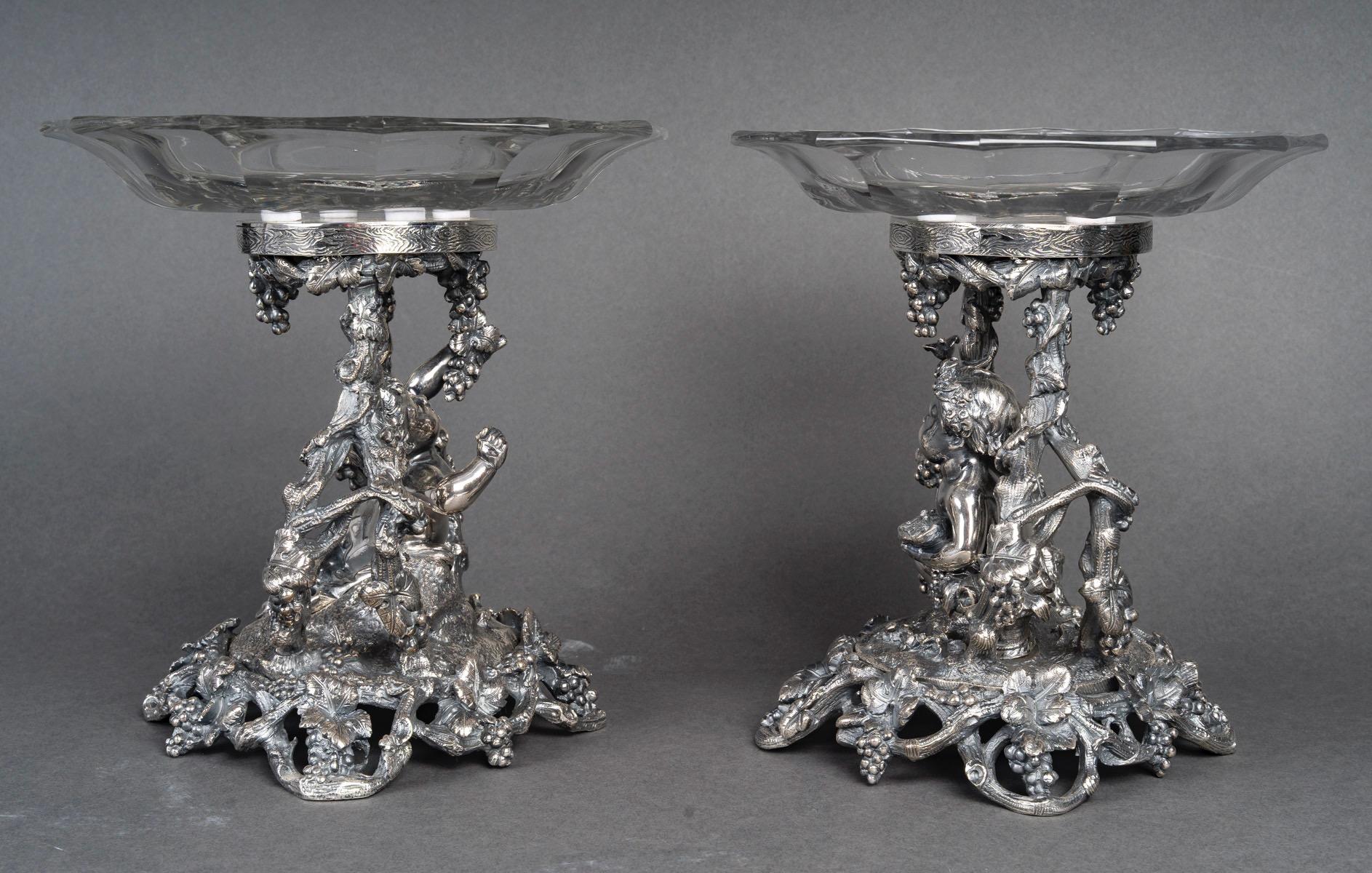 Napoleon III A Pair of Bronze and Baccarat Putti Compotiers, Maison Christofle, circa 1880 For Sale