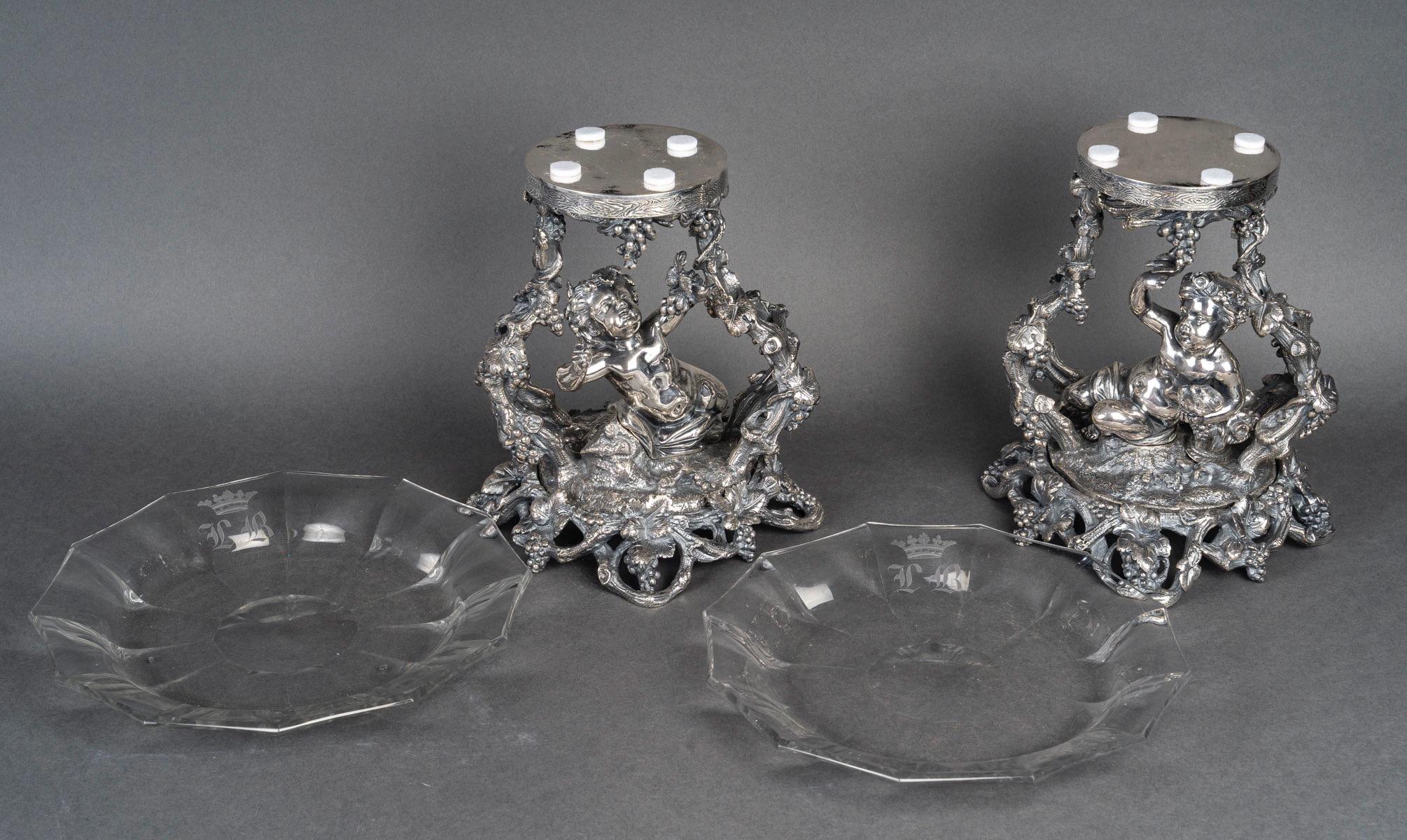Silvered A Pair of Bronze and Baccarat Putti Compotiers, Maison Christofle, circa 1880 For Sale