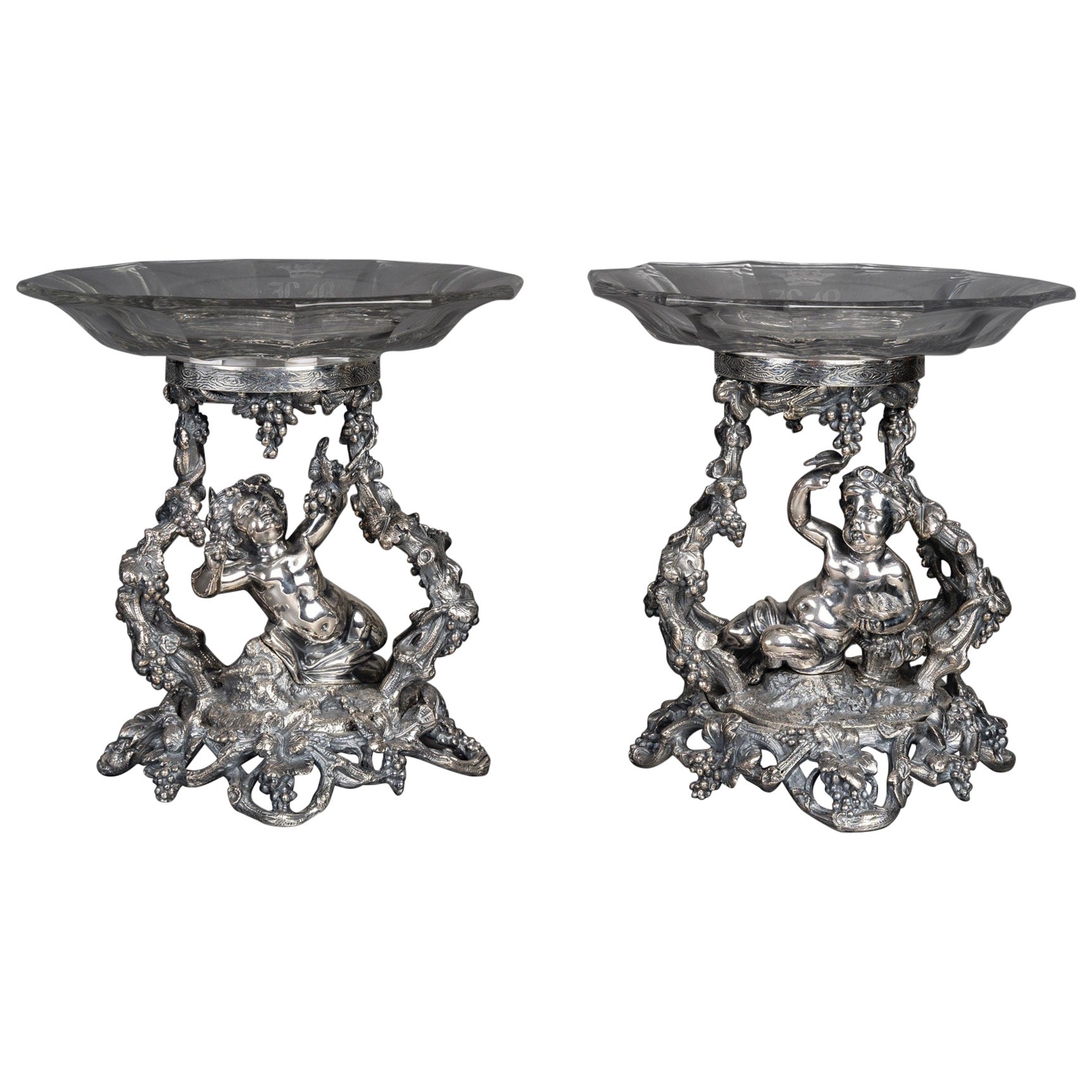 A Pair of Bronze and Baccarat Putti Compotiers, Maison Christofle, circa 1880 For Sale