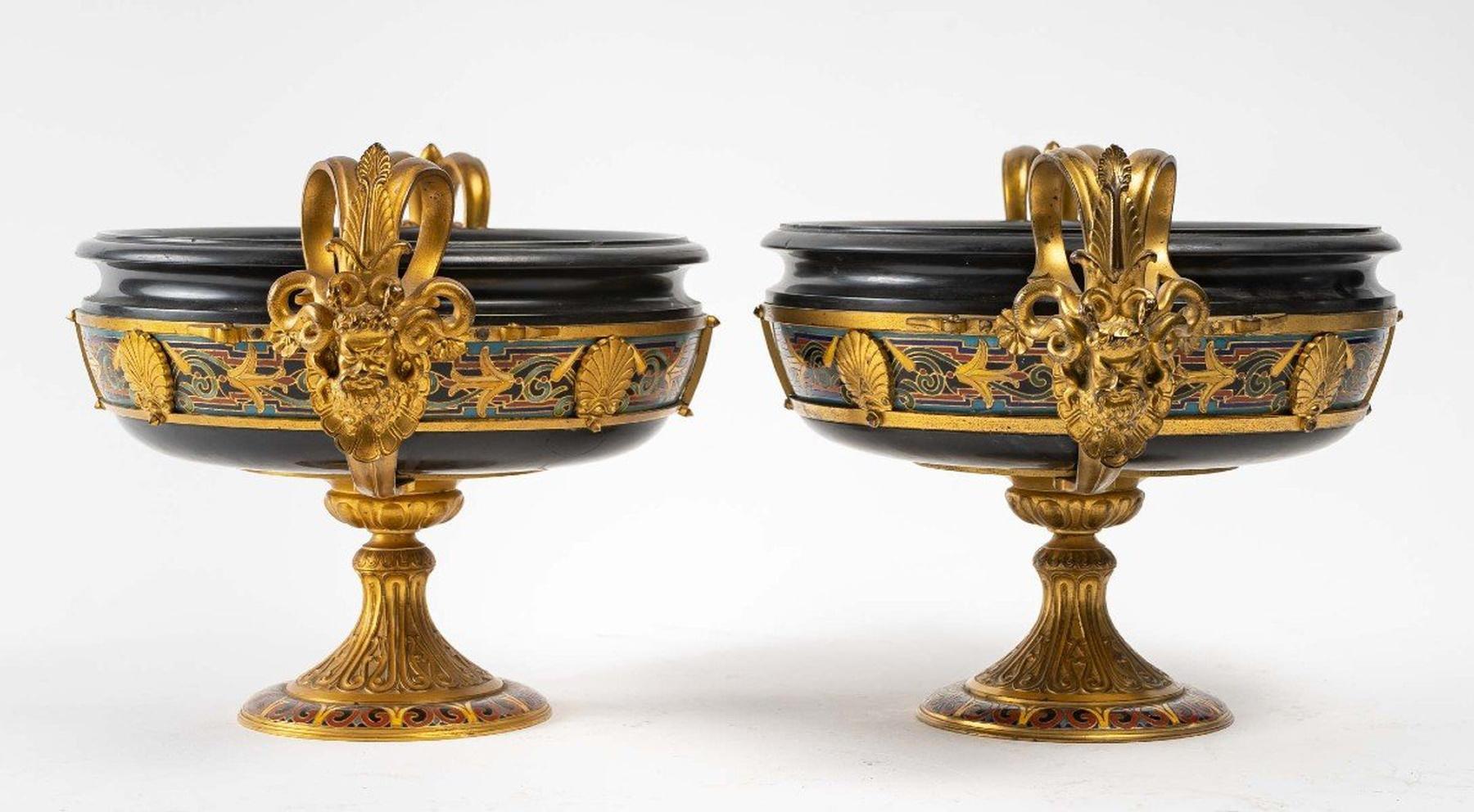 Napoleon III A pair of bronze and black marble cups, late 19th century For Sale