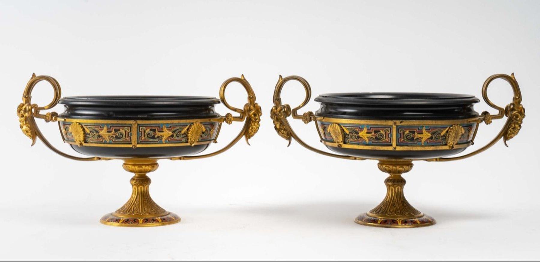 European A pair of bronze and black marble cups, late 19th century For Sale