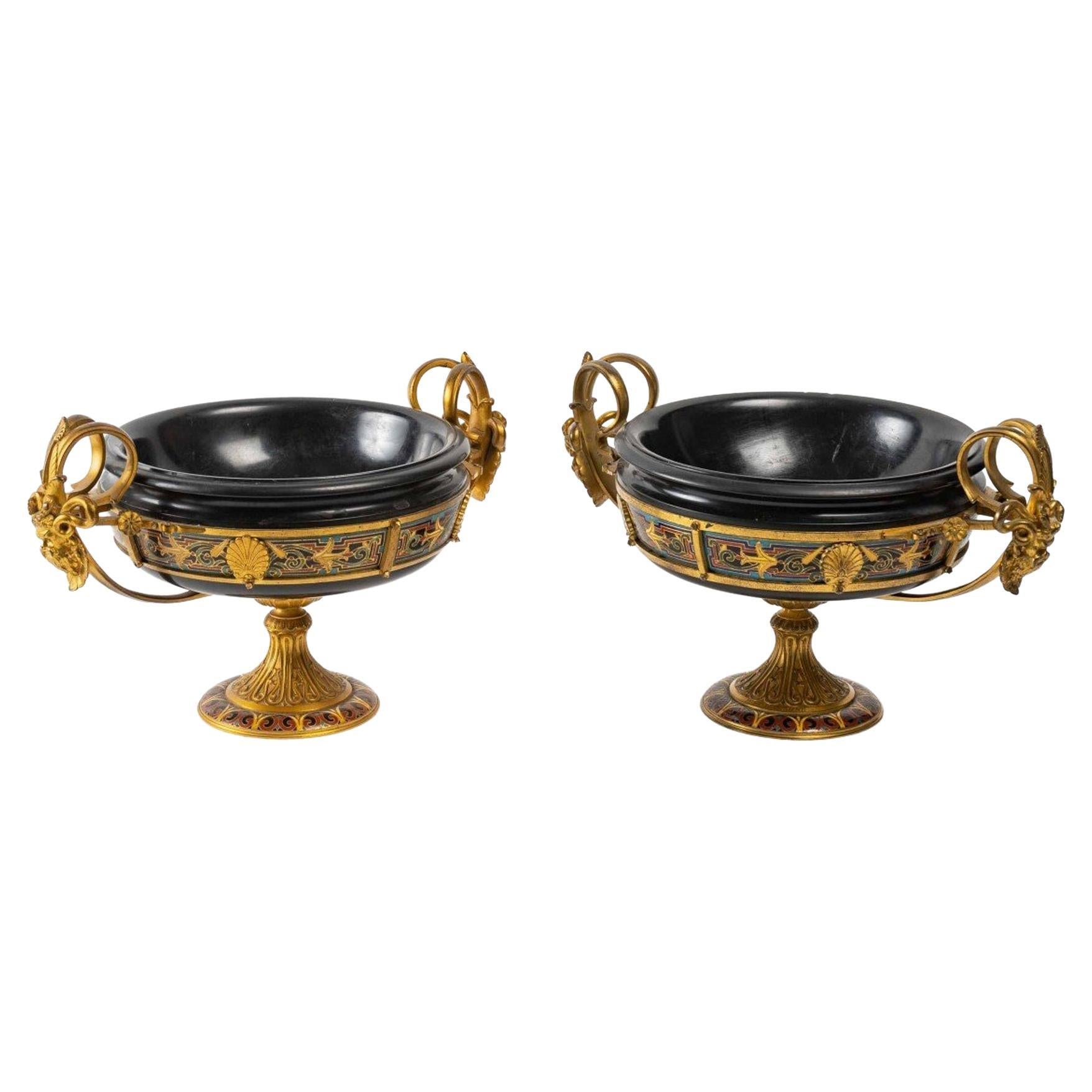 A pair of bronze and black marble cups, late 19th century For Sale