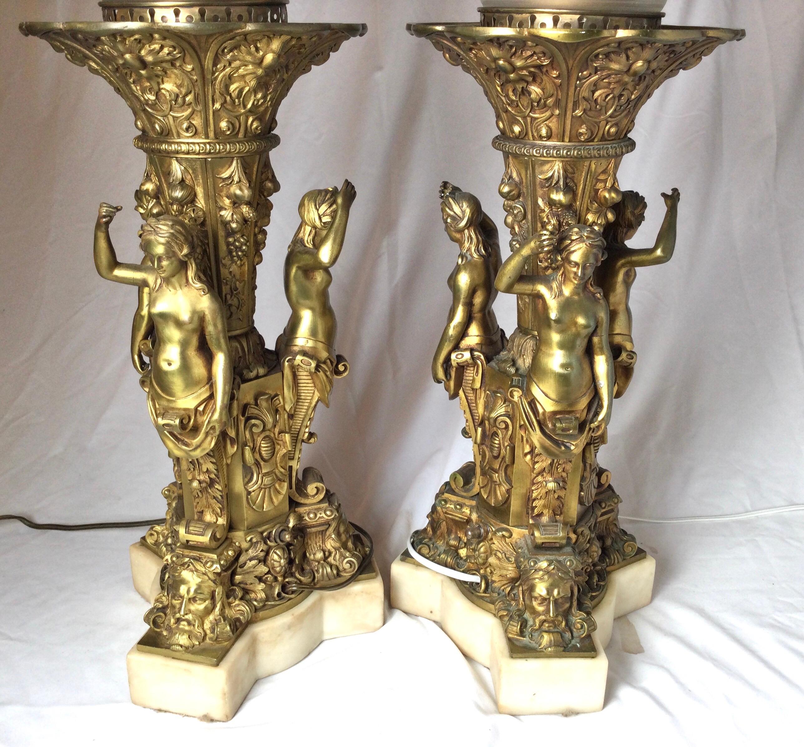 Pair of Bronze and Marble Large Garniture Lamps For Sale 4