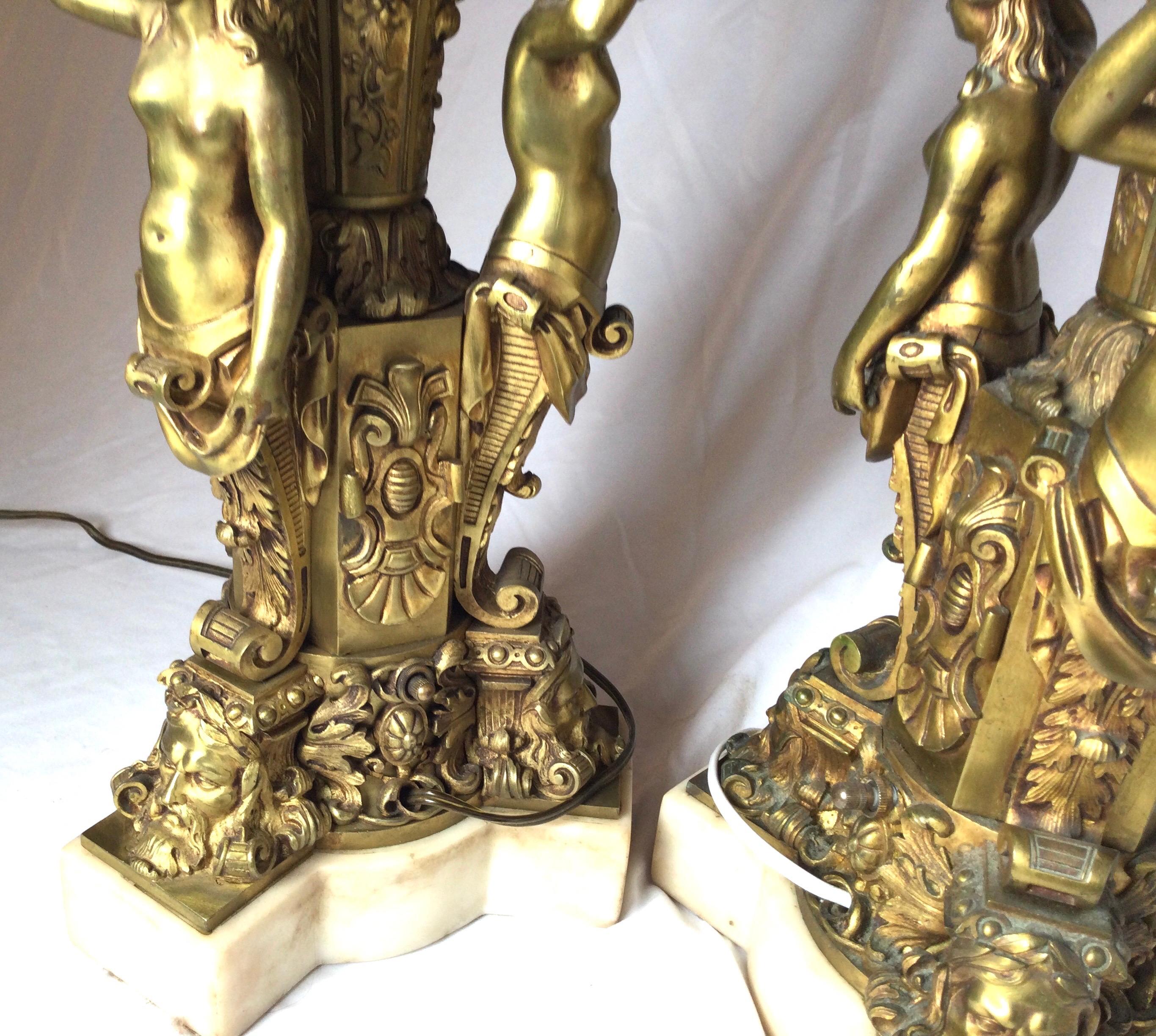 Pair of Bronze and Marble Large Garniture Lamps For Sale 5