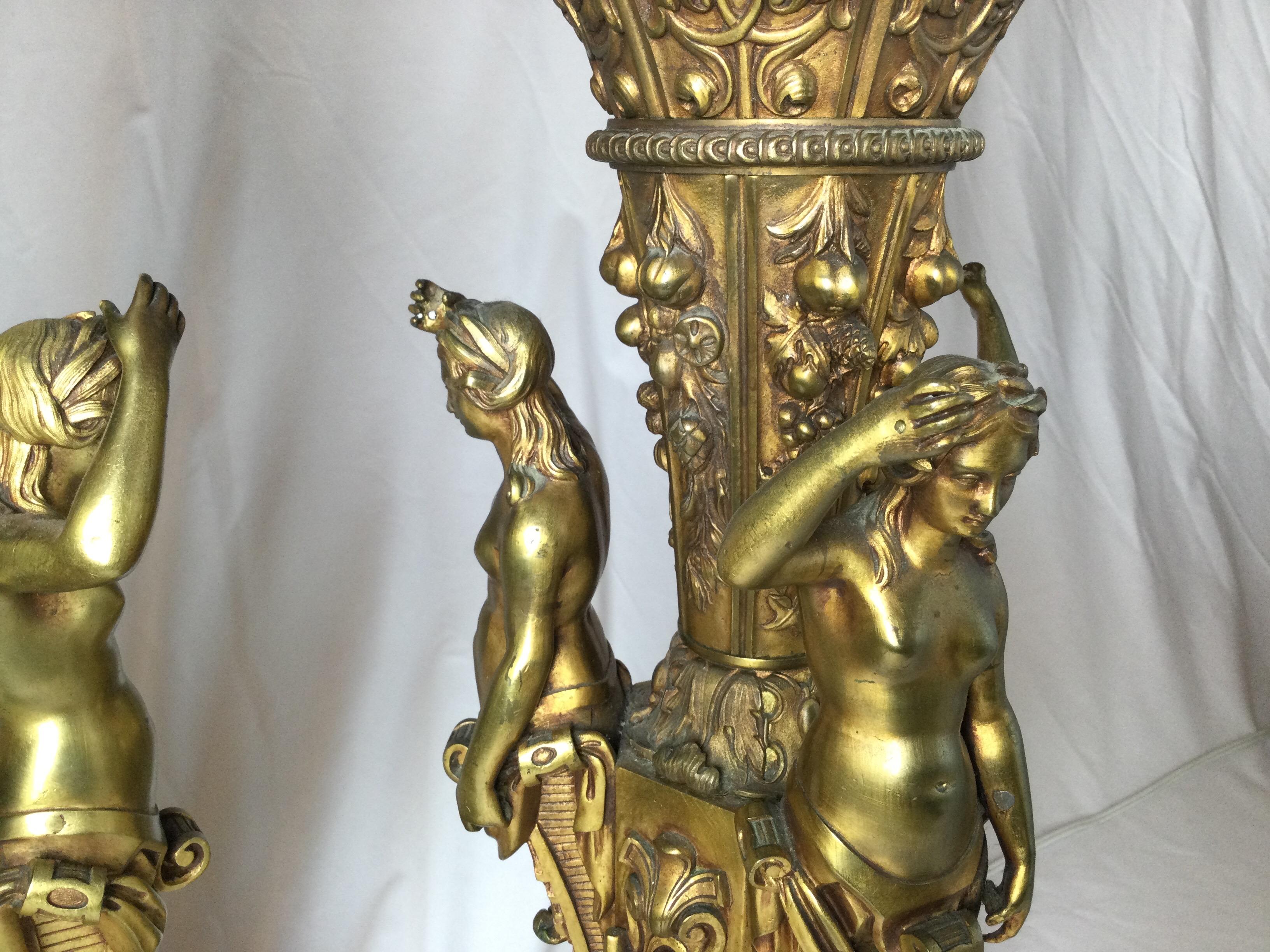 Pair of Bronze and Marble Large Garniture Lamps For Sale 6