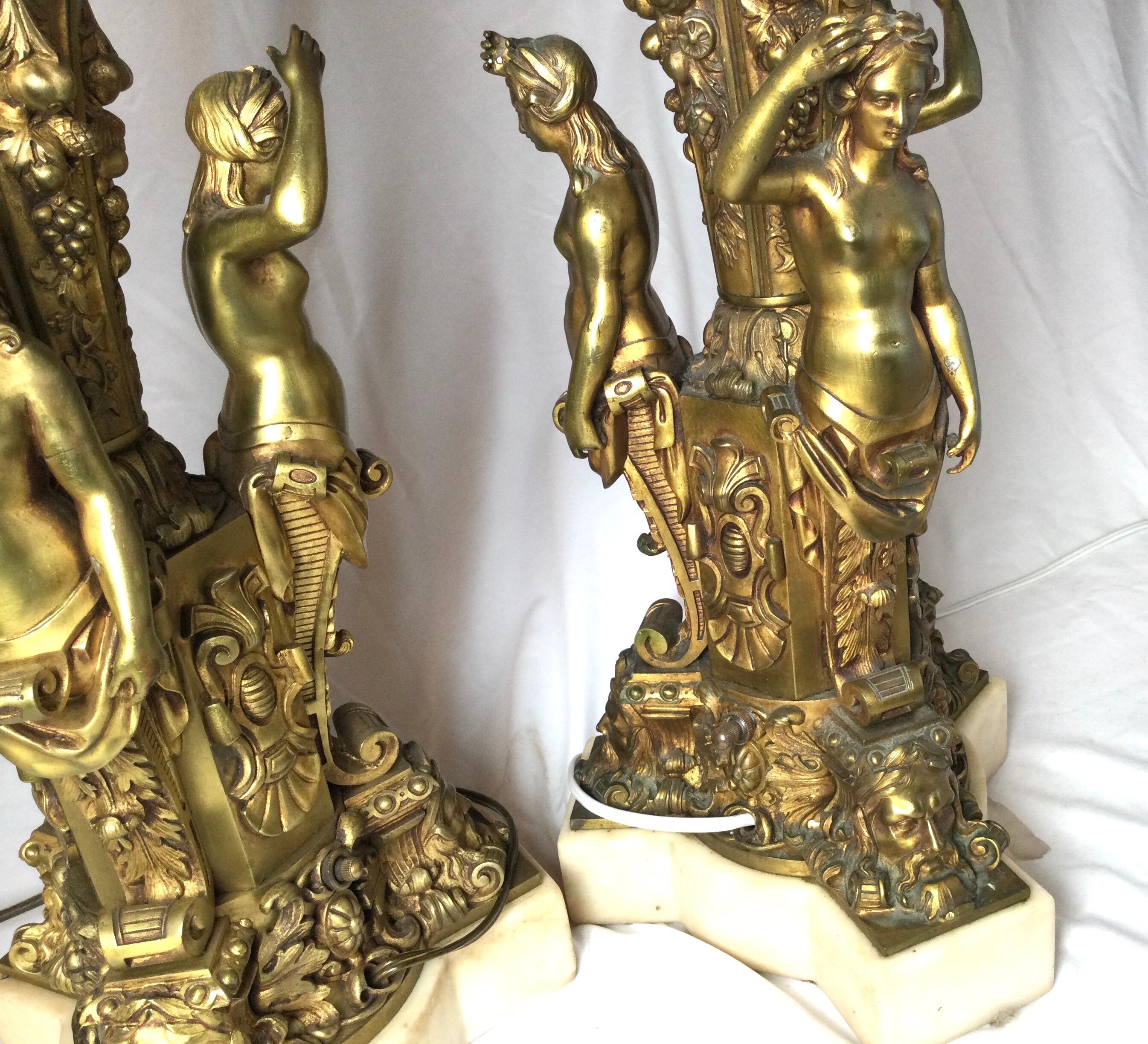 Pair of Bronze and Marble Large Garniture Lamps For Sale 7
