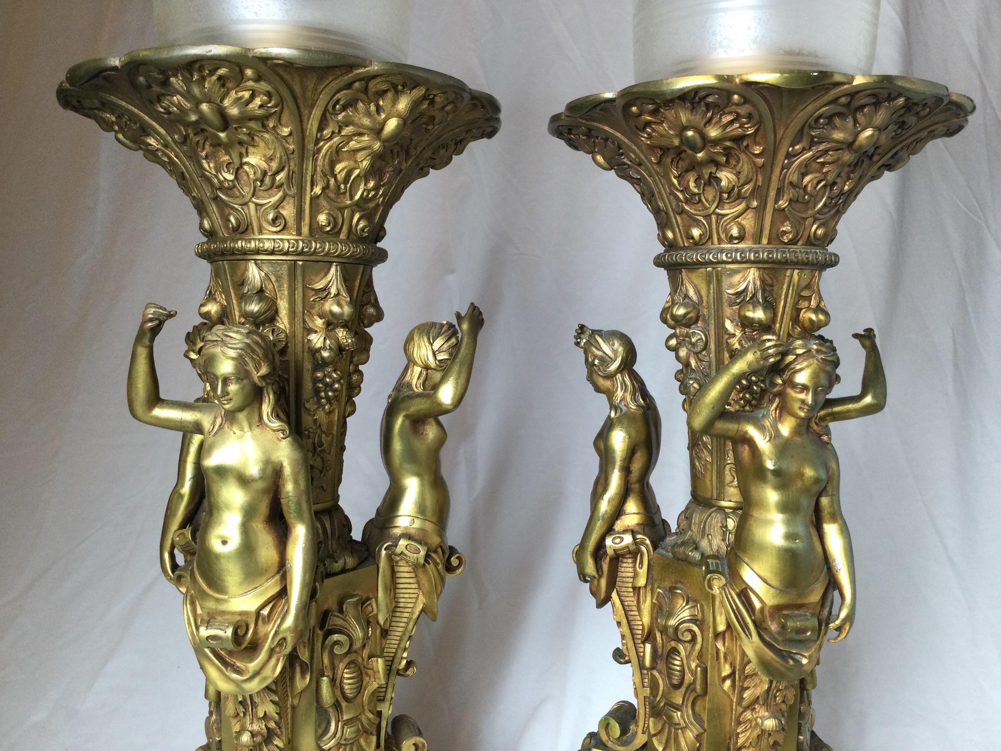 Pair of Bronze and Marble Large Garniture Lamps For Sale 8