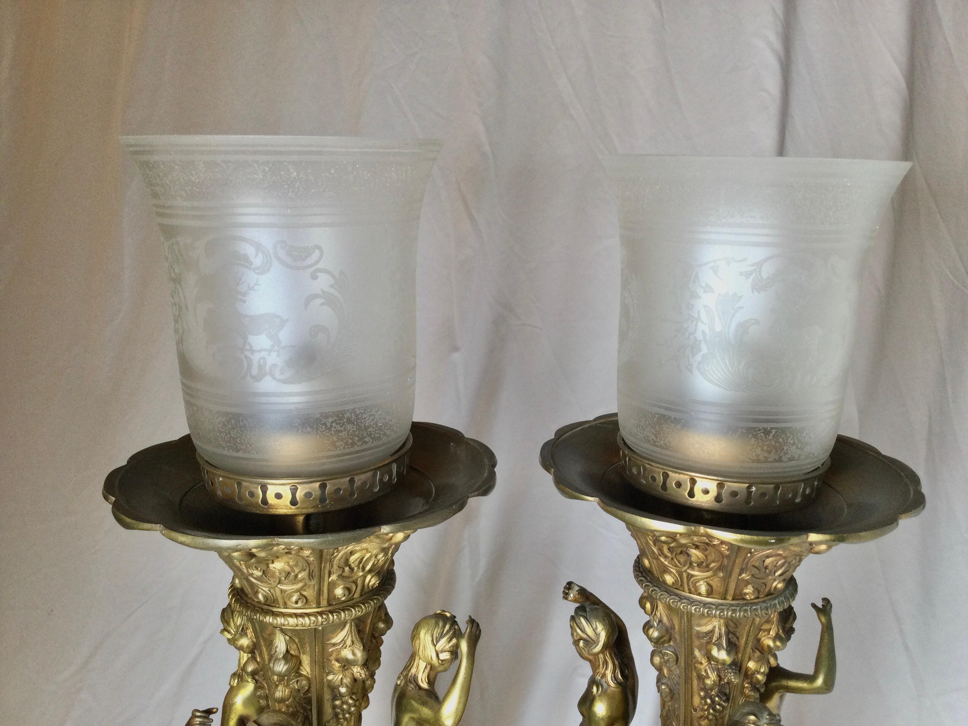 Pair of Bronze and Marble Large Garniture Lamps For Sale 9