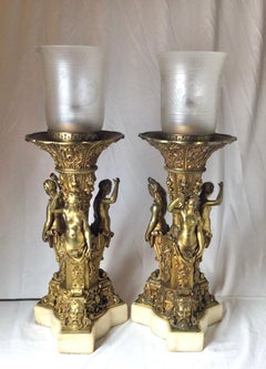 Pair of Bronze and Marble Large Garniture Lamps