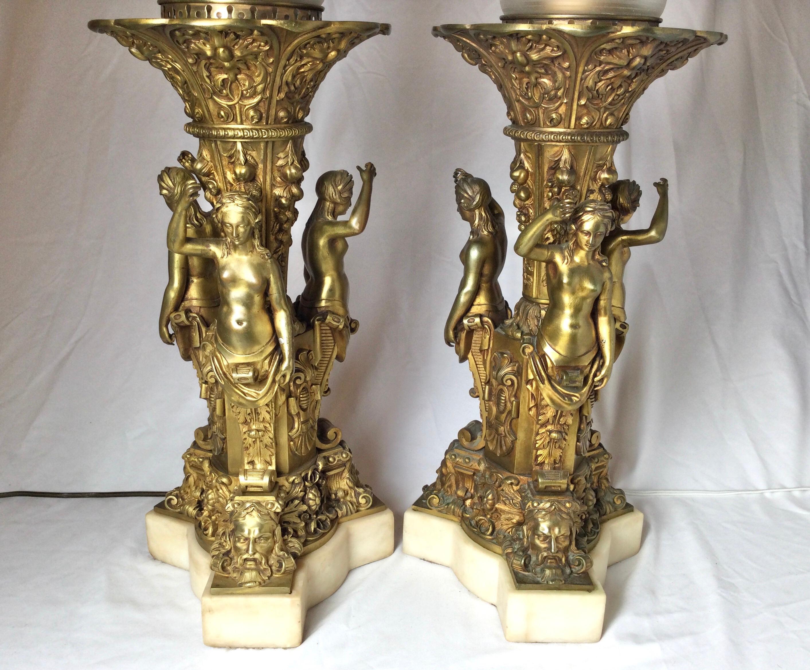 Neoclassical Pair of Bronze and Marble Large Garniture Lamps For Sale
