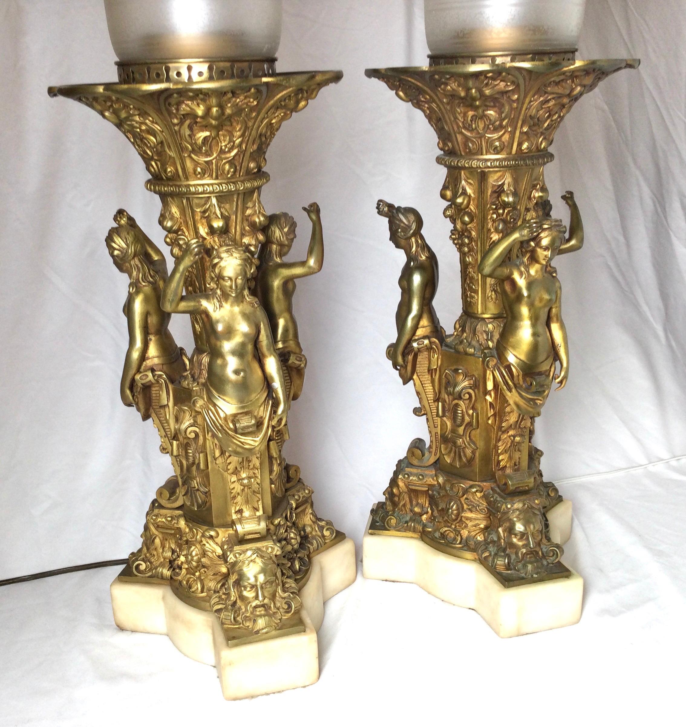 European Pair of Bronze and Marble Large Garniture Lamps For Sale