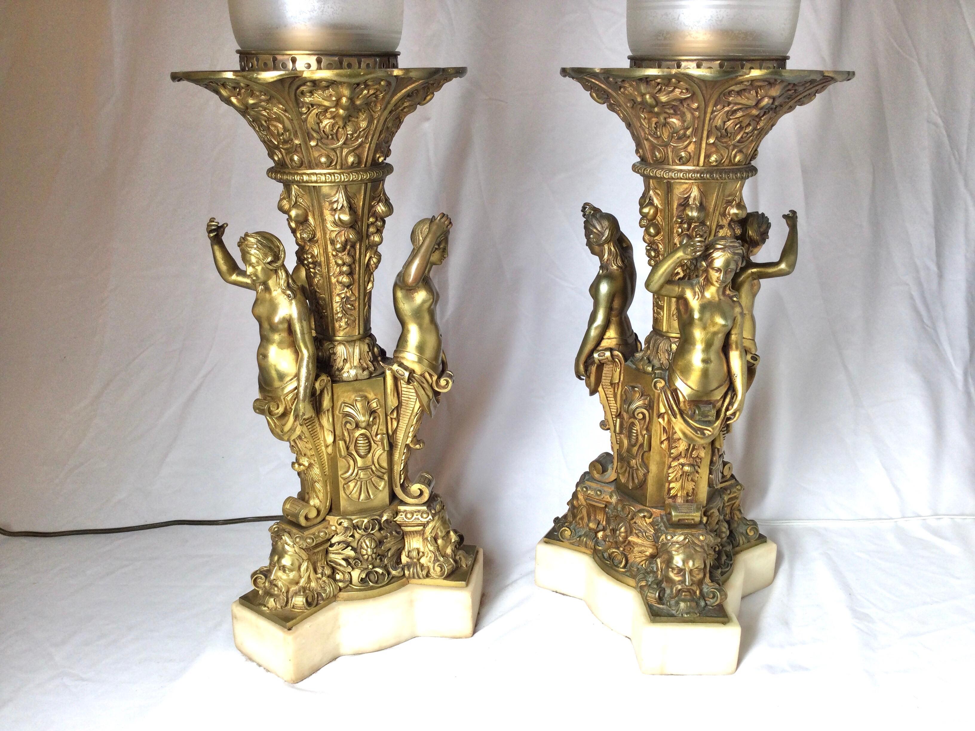 Pair of Bronze and Marble Large Garniture Lamps In Good Condition For Sale In Lambertville, NJ