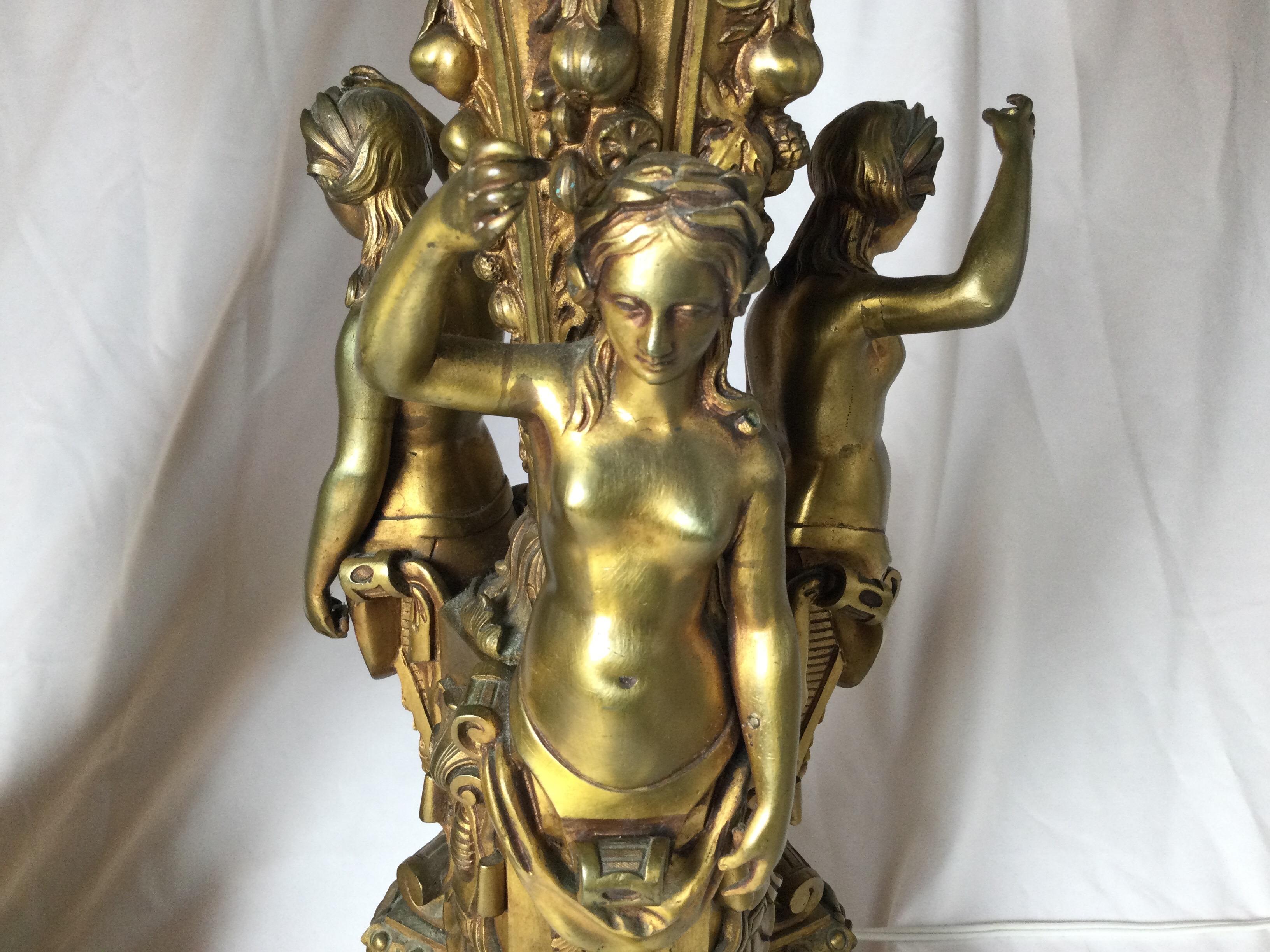 Early 20th Century Pair of Bronze and Marble Large Garniture Lamps For Sale