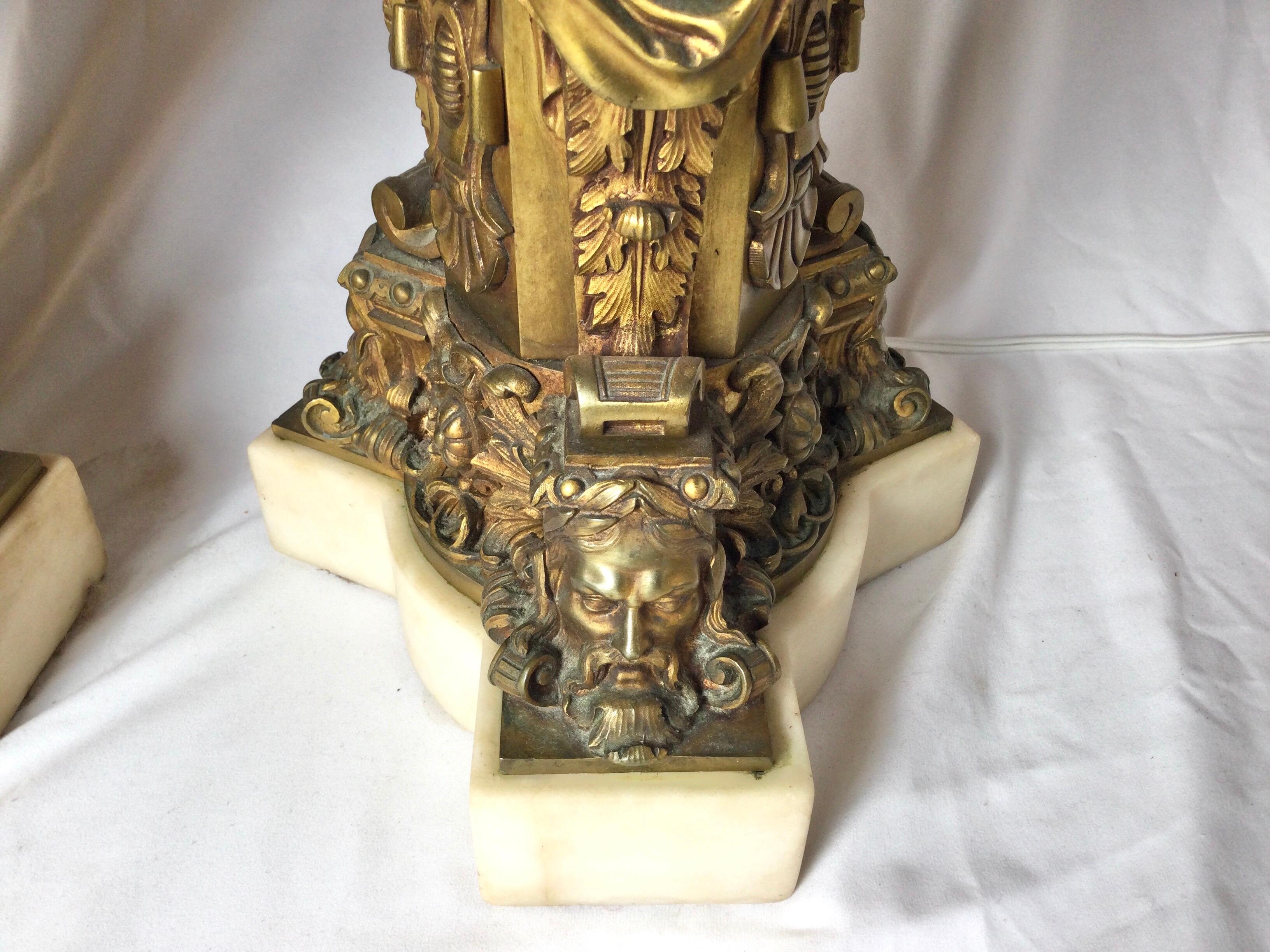 Pair of Bronze and Marble Large Garniture Lamps For Sale 1