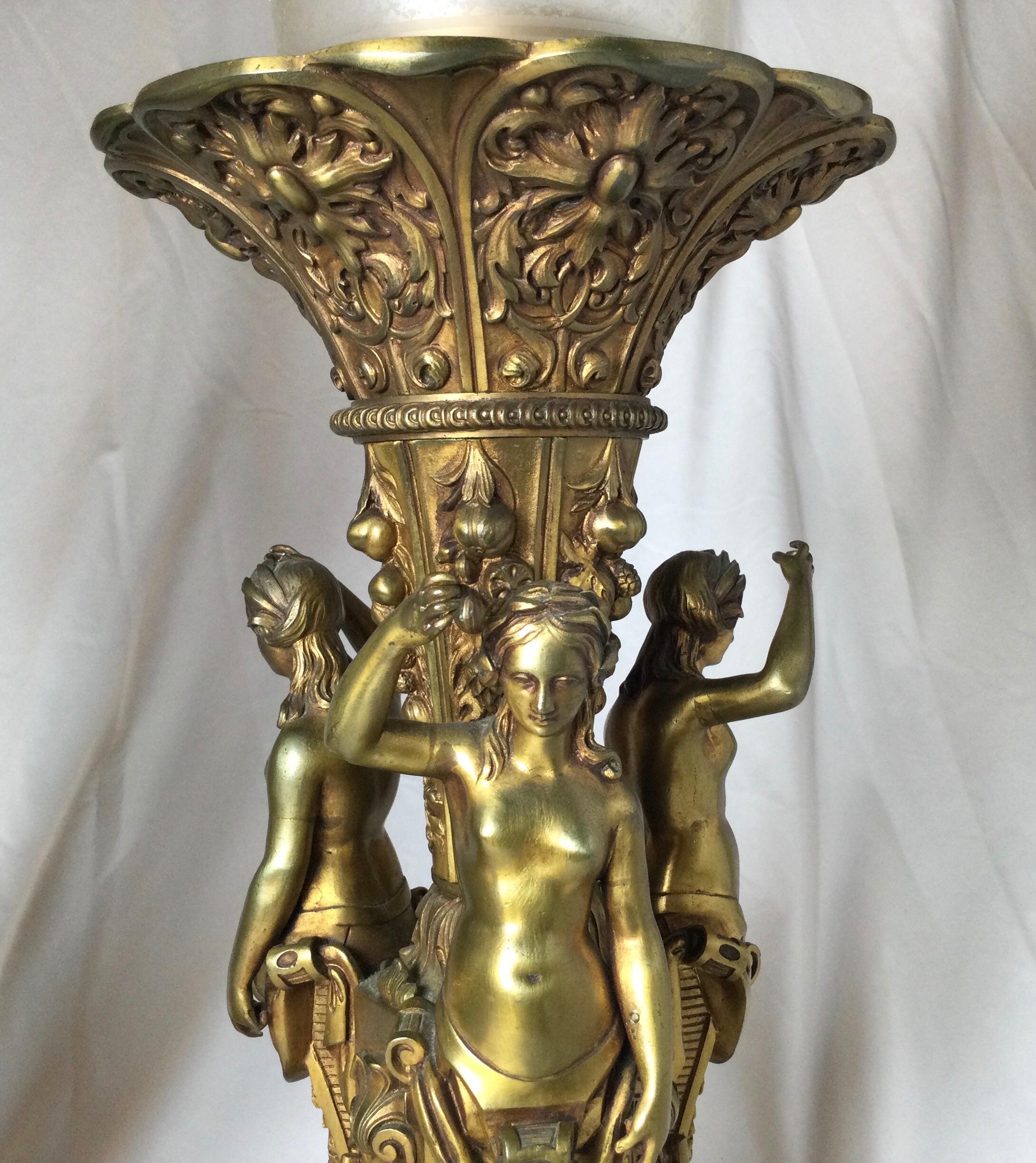 Pair of Bronze and Marble Large Garniture Lamps For Sale 3