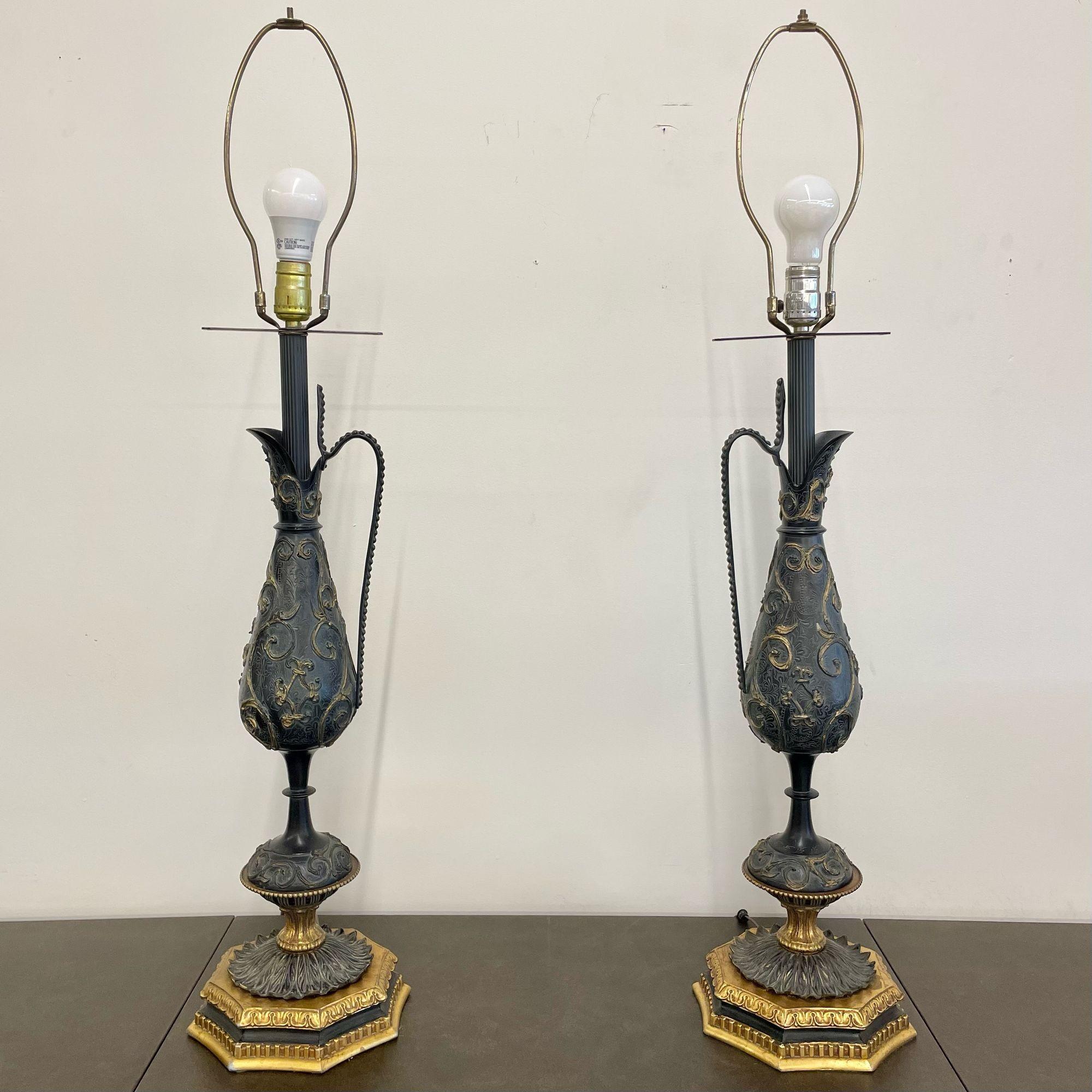French Pair of Bronze and Metal Urn Form Table Lamps, Neoclassical