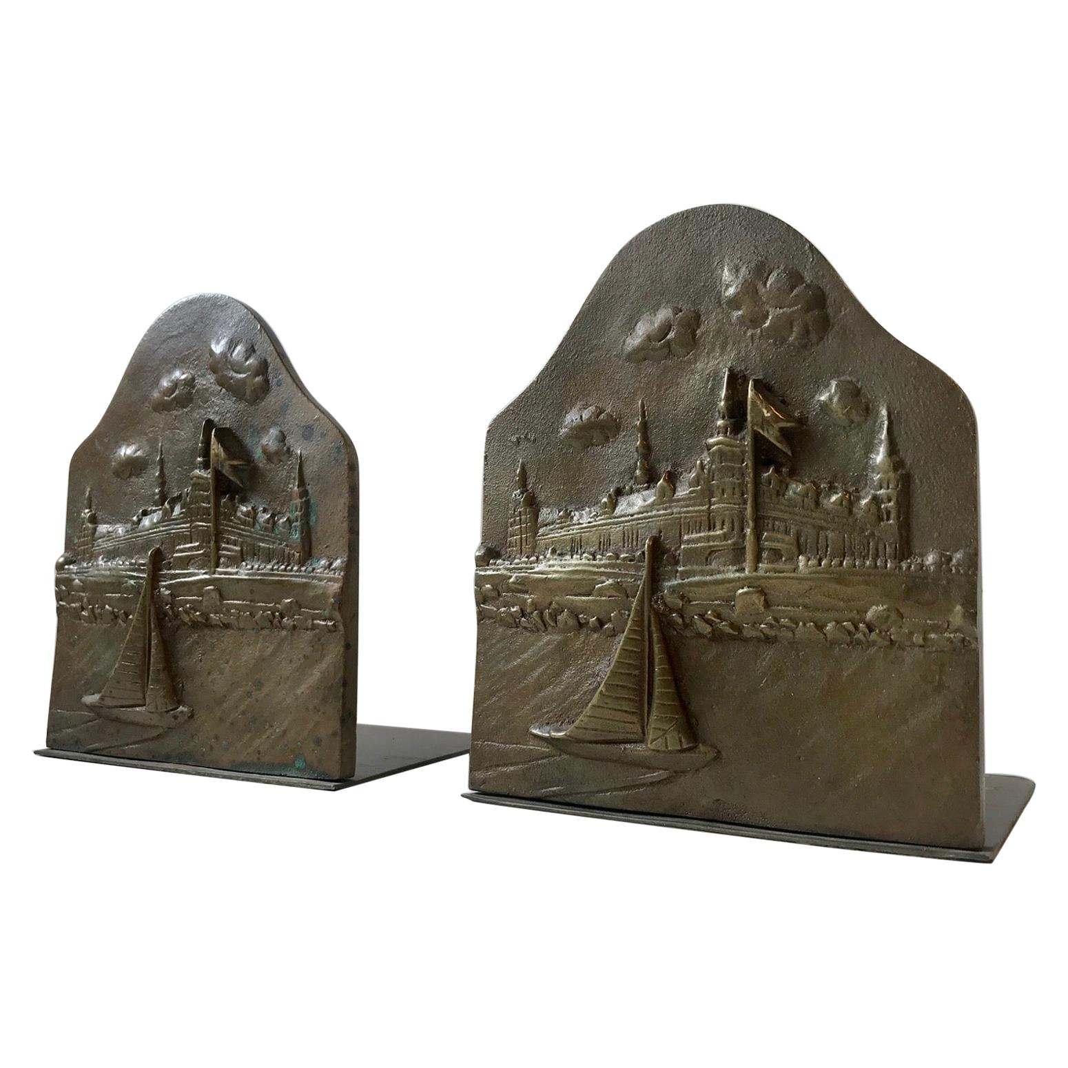 Pair of Bronze Bookends with Hamlets Castle 'Kronborg', 1930s