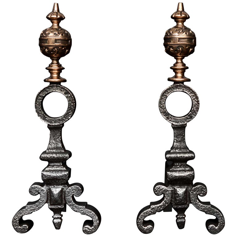 Pair of Bronze and Cast Iron Firedogs in the Baroque Style For Sale at 1stDibs