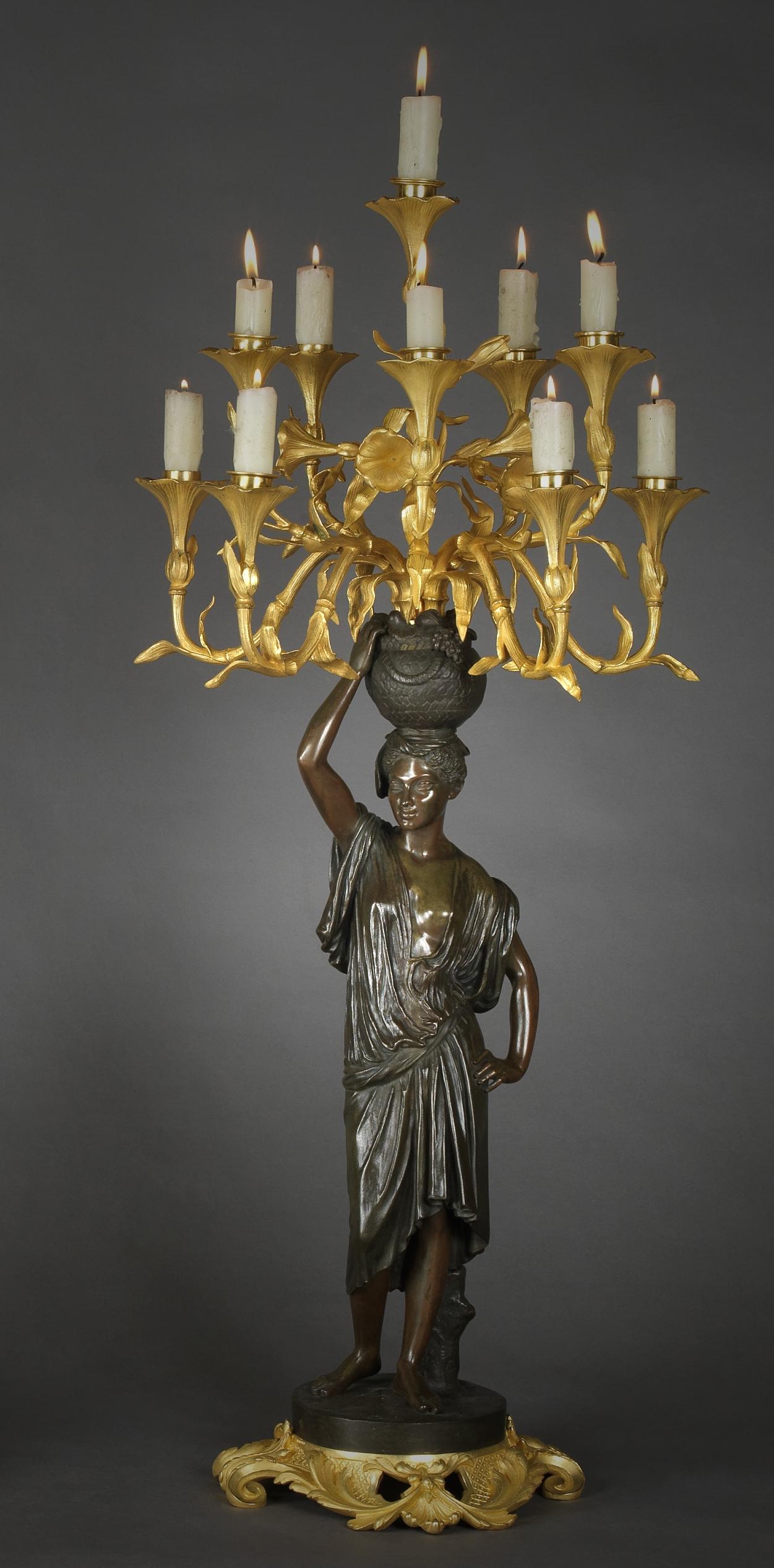 French Pair of Bronze Figural Candelabra by Charles Cumberworth, circa 1850 For Sale