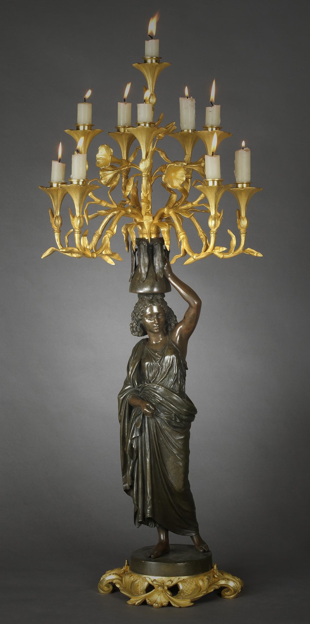 Gilt Pair of Bronze Figural Candelabra by Charles Cumberworth, circa 1850 For Sale