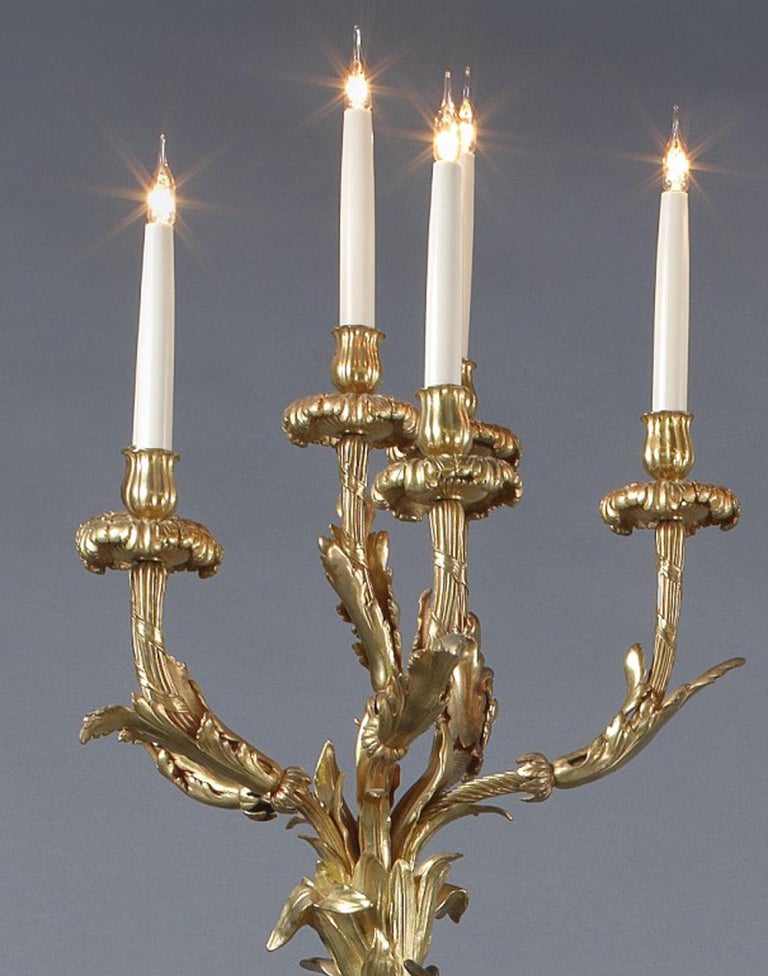 Pair of Bronze Figural SixLight Candelabra with Marble Columns, circa