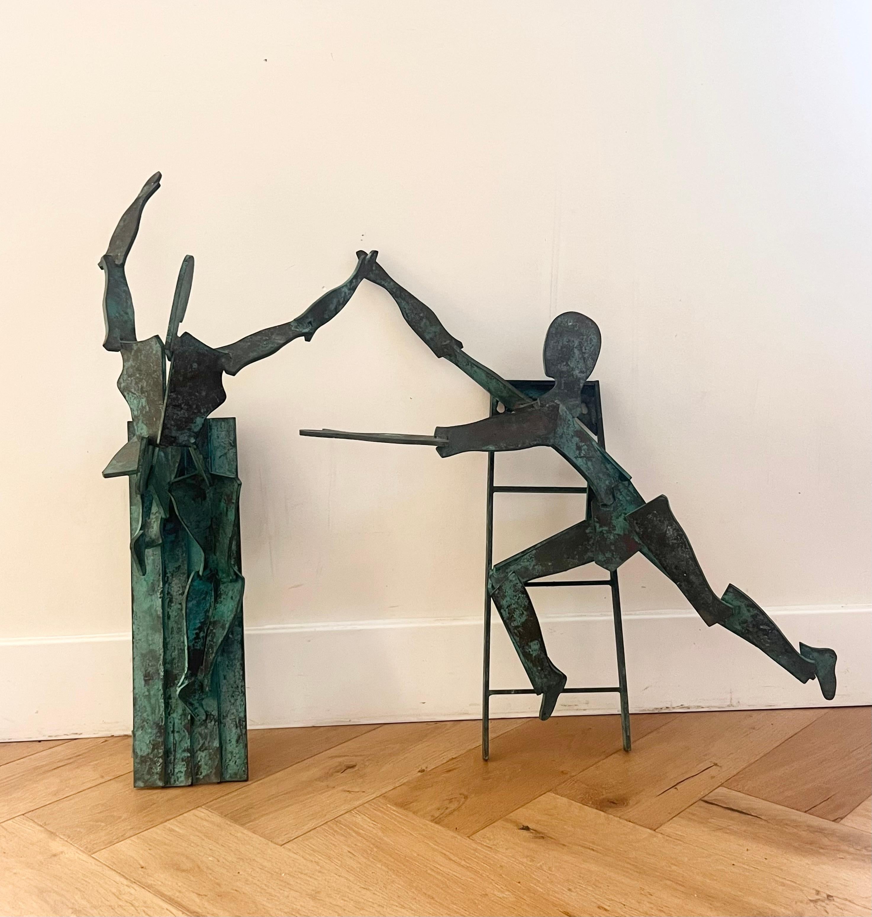 A pair of mid century modern bronze figurative wall hanging sculptures, 20th century. These two works depict one figure climbing a ladder and the other a stair, arms extended out toward one another, reminiscent of perhaps acrobats or romantic