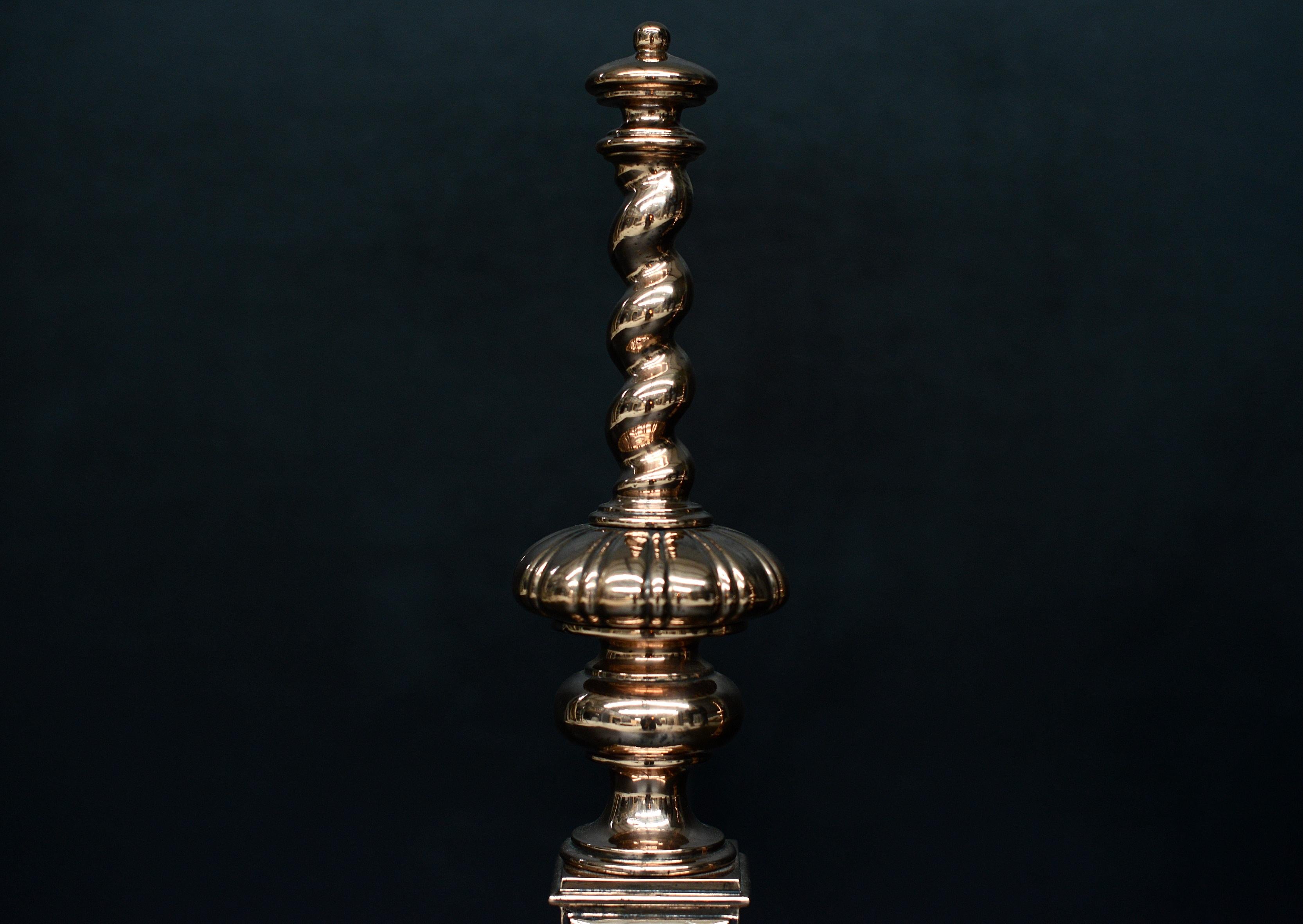 Un'attraente coppia di ciminiere in bronzo, con piani a tortiglione d'orzo, centri con decorazioni e basi a volute. Barre posteriori originali. XIX secolo.

Altezza:	490 mm      	19 ¼