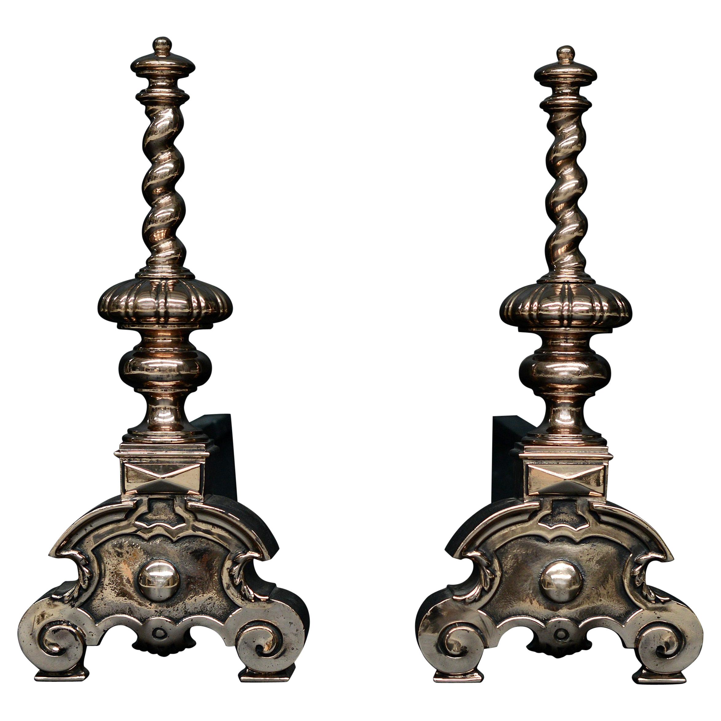 Pair of Bronze Firedogs with Barley Twist Tops