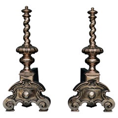 Antique Pair of Bronze Firedogs with Barley Twist Tops