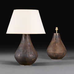 A Pair of Bronze Glazed Droplet Form Art Pottery Lamps