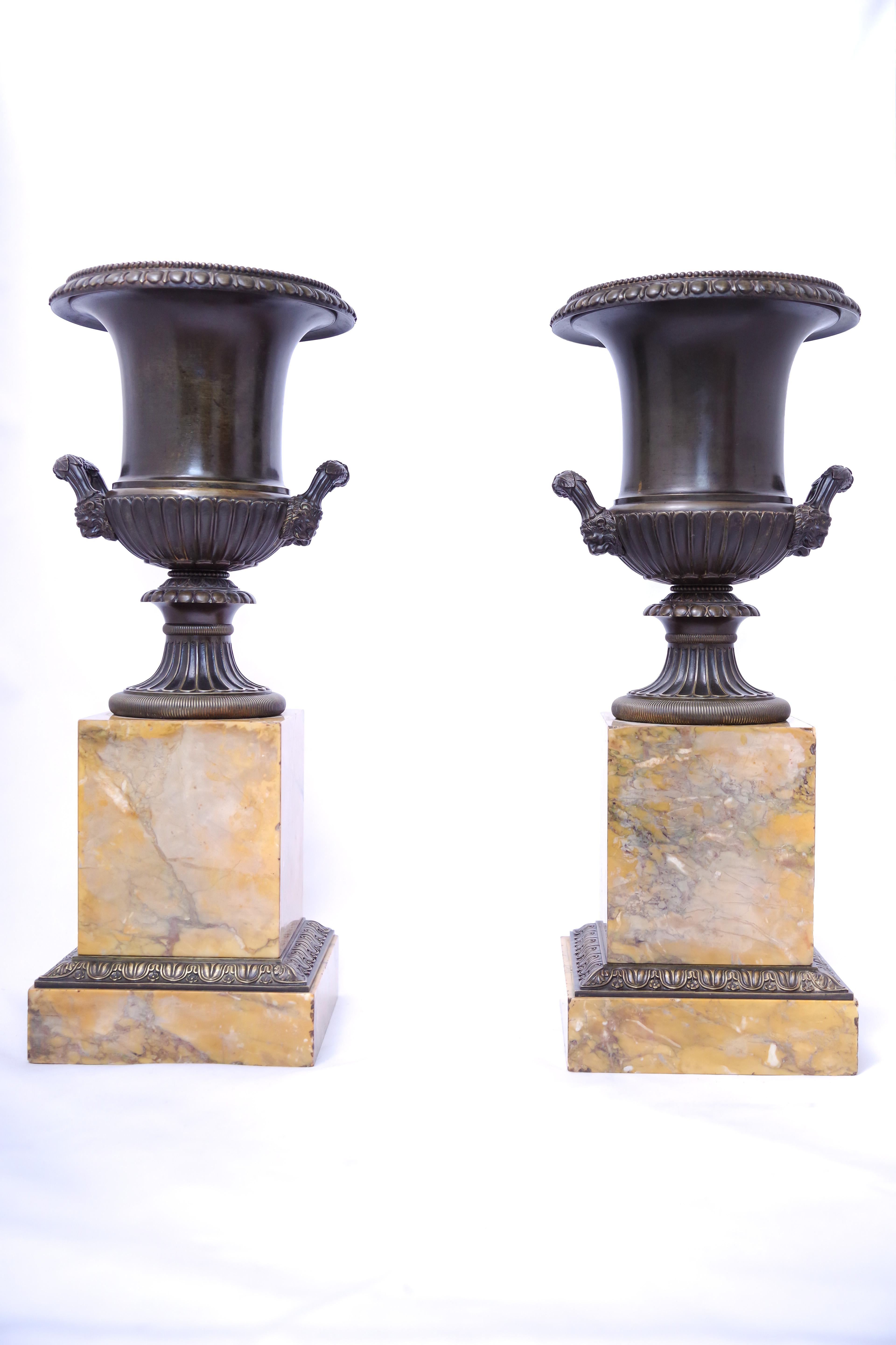 A pair of bronze Medici vases from the Charles X period, circa 1830. The bases are in the yellow Siena marble so popular in early-to-mid-century France. The blackish-green-patinated vases are adorned with finely-chiseled classical motifs.