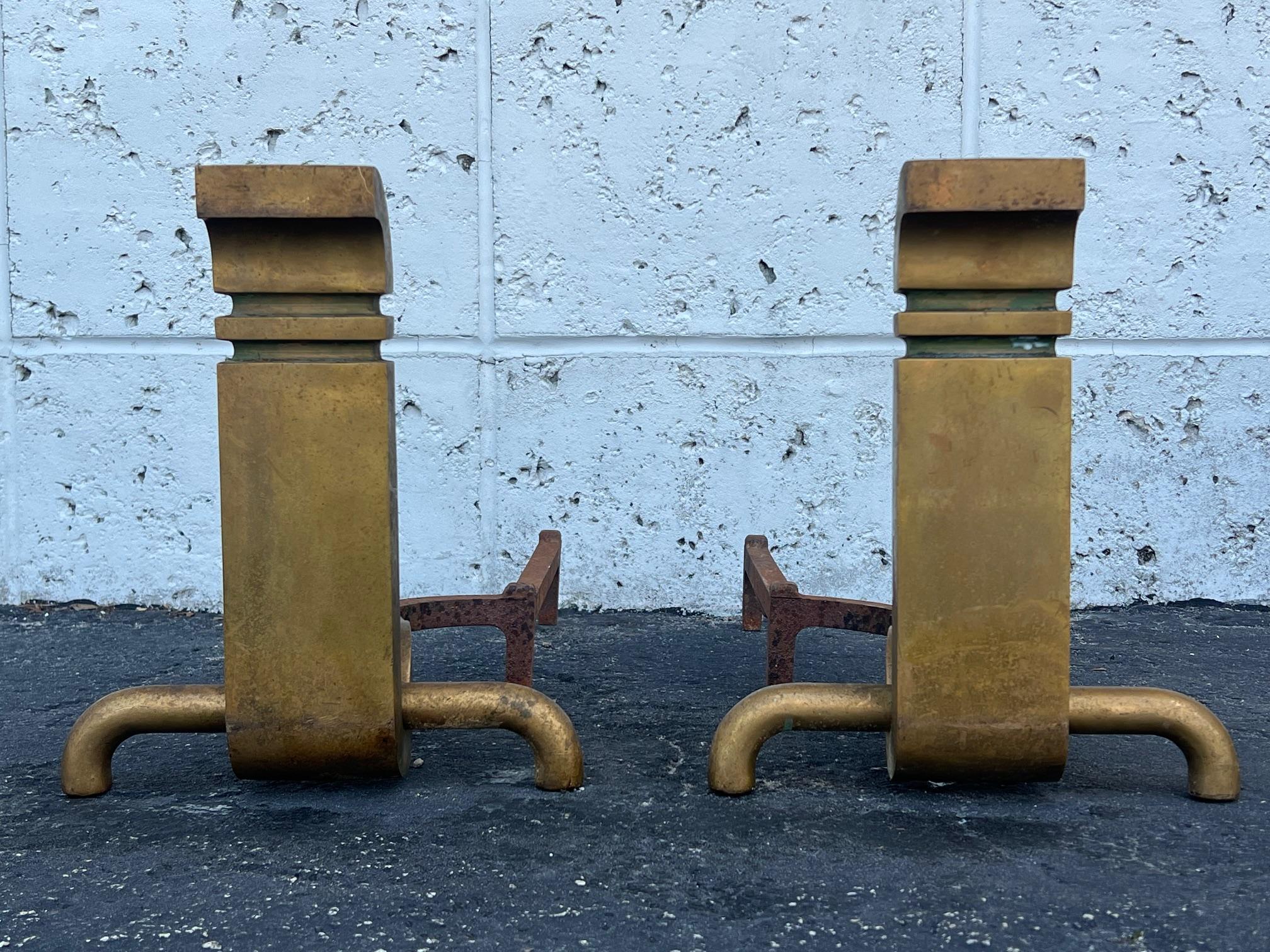 Mid-Century Modern A Pair Of Bronze Modernist Andirons By Wah Chang Signed Ca' 1950's For Sale