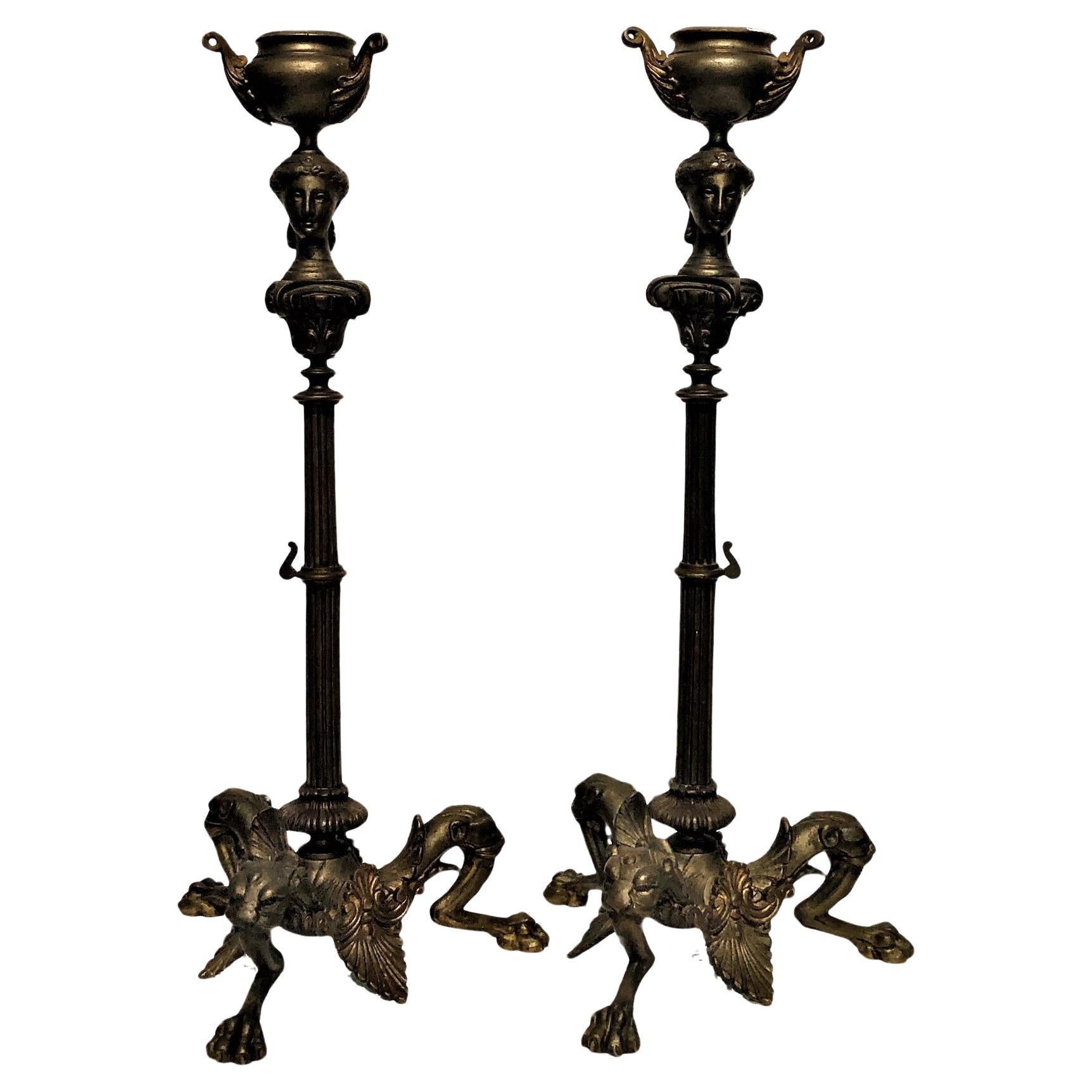 A Pair of Bronze Neoclassical Grand Tour Candelabras, Late 19th Century For Sale