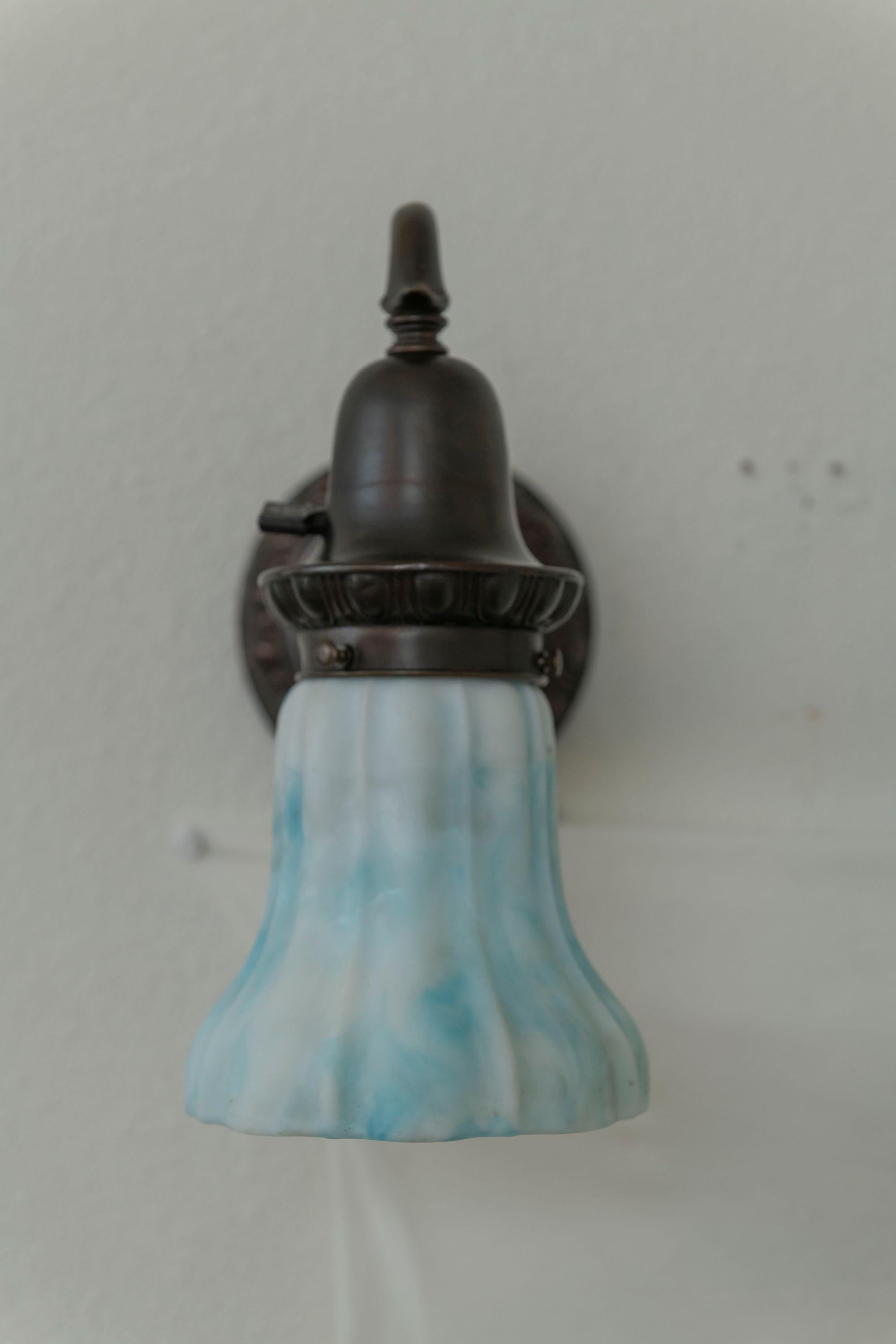 Arts and Crafts A Pair of Bronze Sconces with Blue/White Kokomo Co. Glass Shades ca. 1910 For Sale