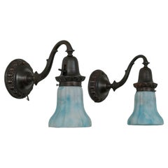 A Pair of Bronze Sconces with Blue/White Kokomo Co. Glass Shades ca. 1910