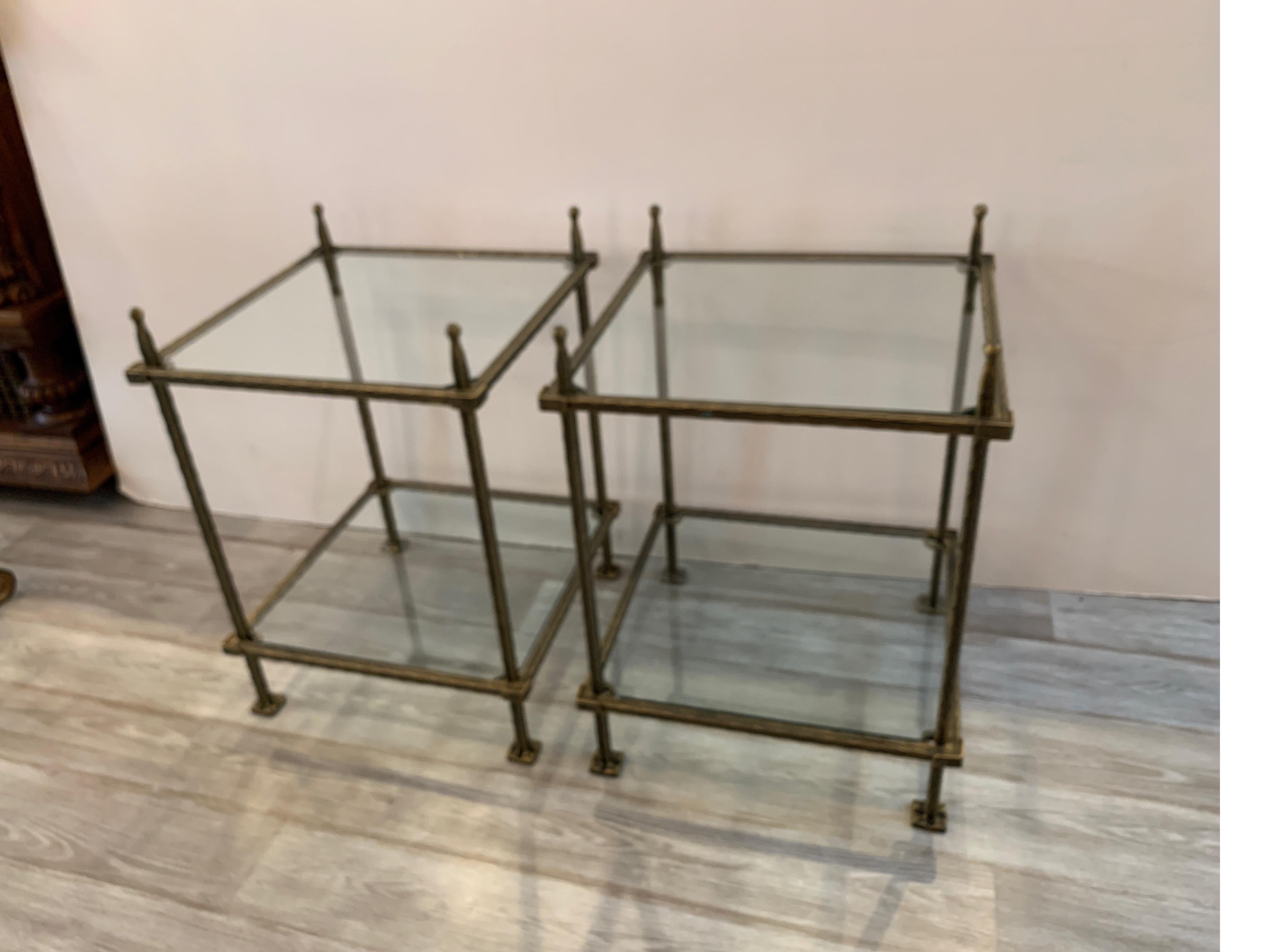 Mid-Century Modern Pair of Bronzed Iron Two Tiered Tables by Claudio Rayes
