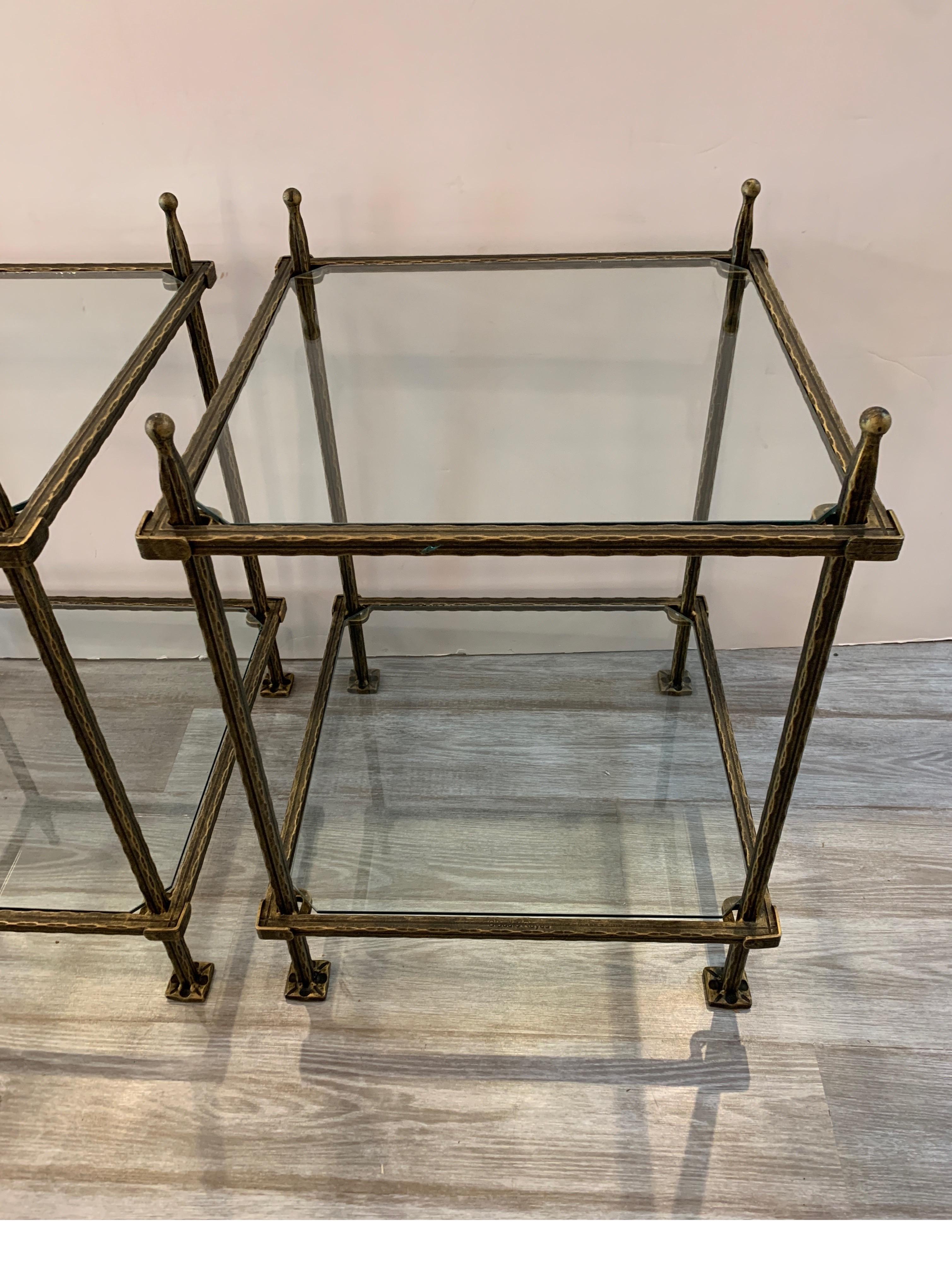 Italian Pair of Bronzed Iron Two Tiered Tables by Claudio Rayes