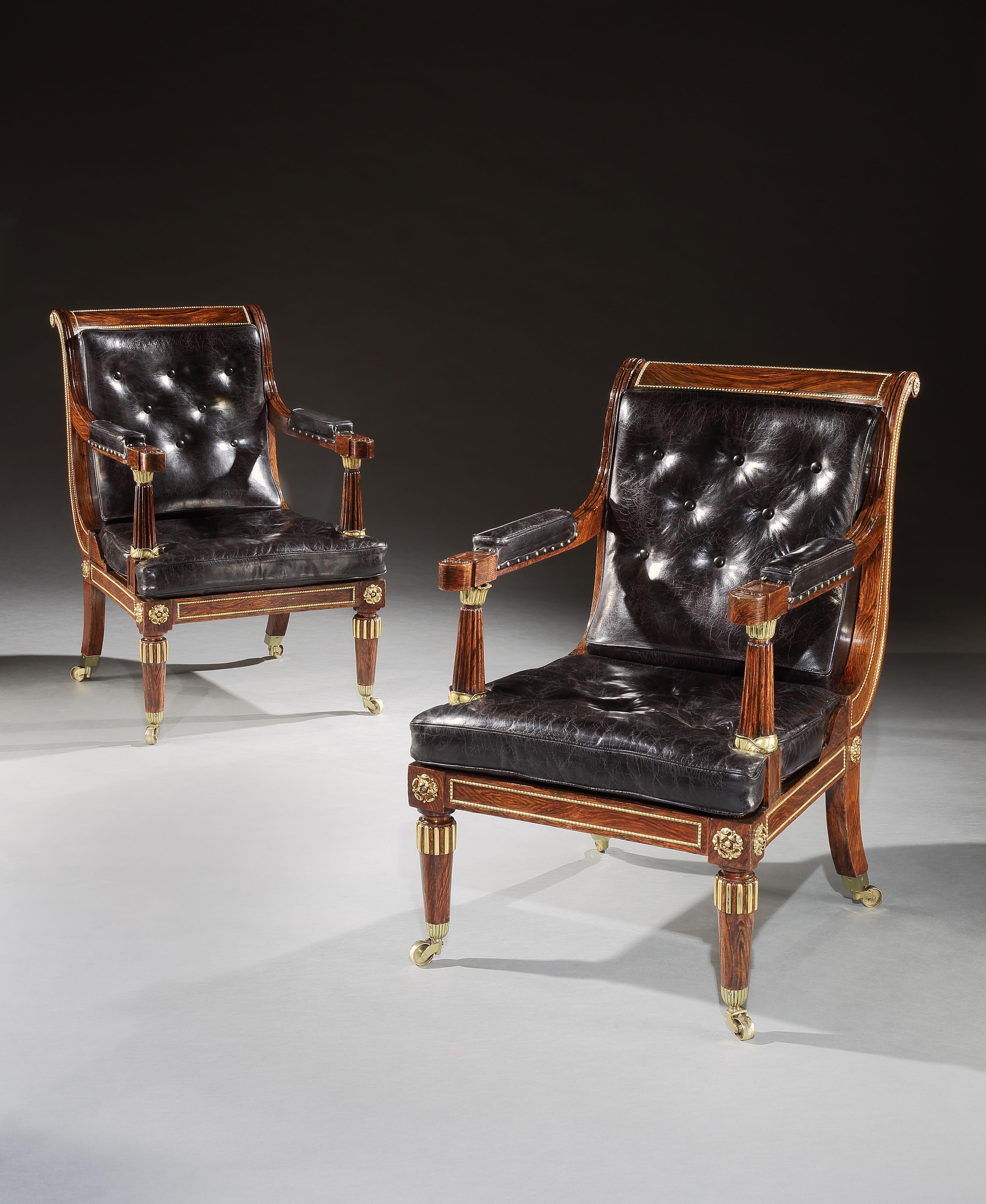 English Pair of Brown and Black Rosewood and Leather George IV Library Chairs