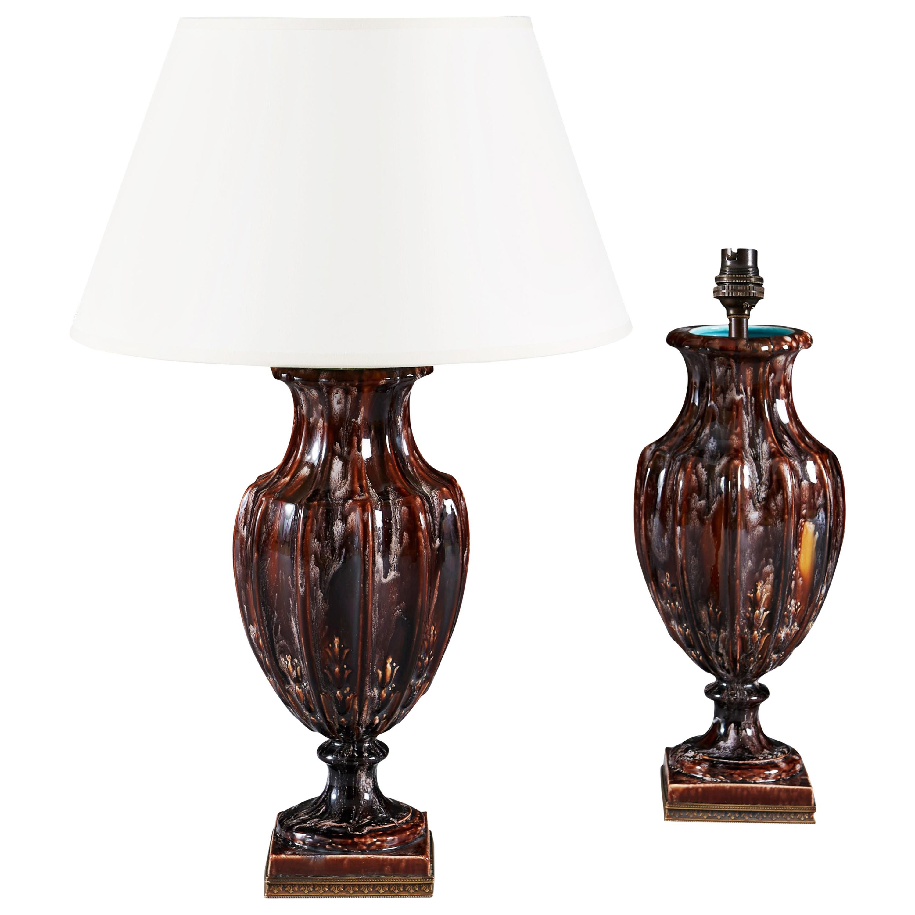 Pair of Brown Drip Glaze Urn Vases with Brass Mounts, Now as Table Lamps